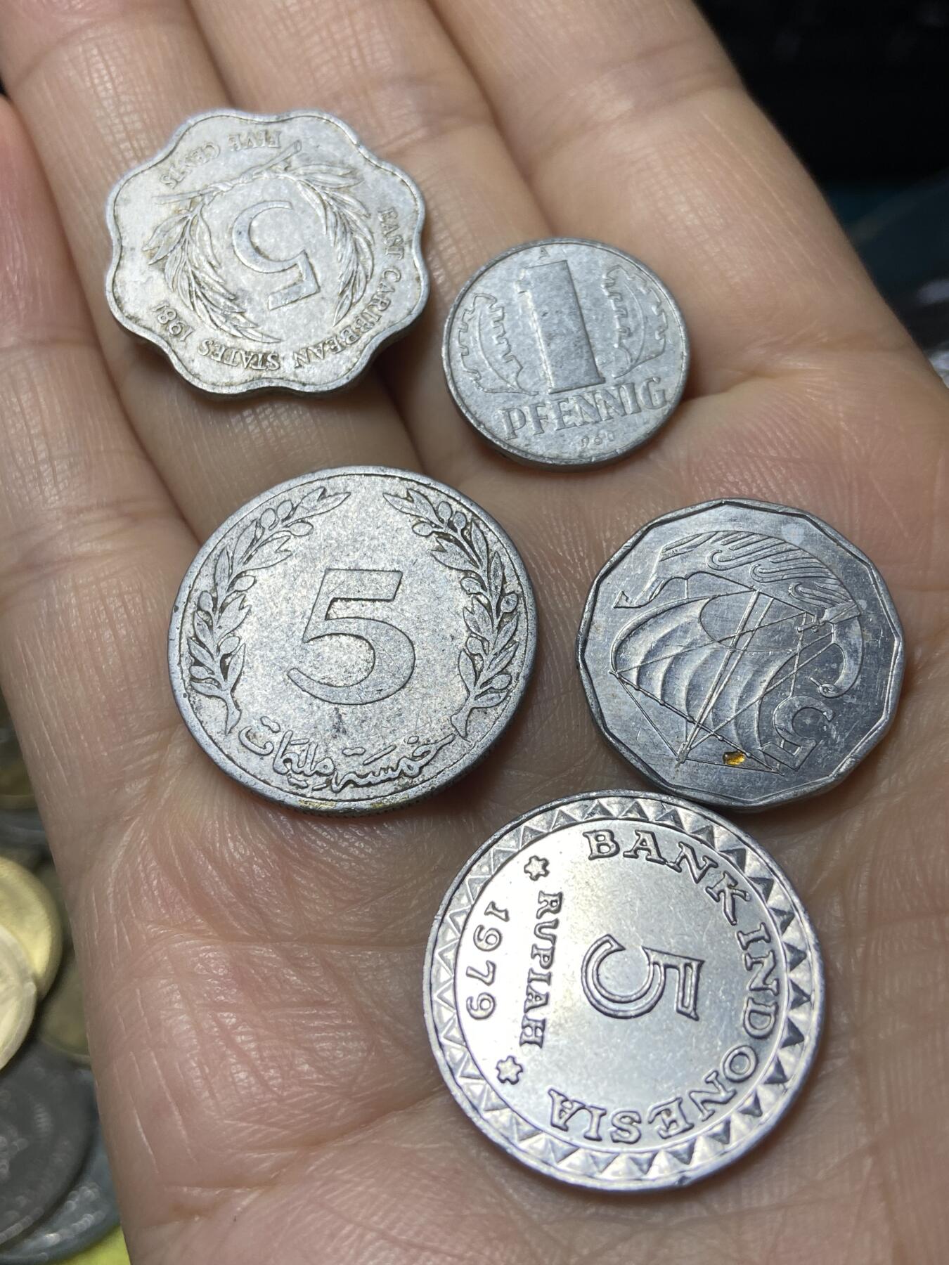 2025年第一百一十一场(总第一百三十七场）外国好品散币(免佣金) 铝制散币5枚：东加勒比1981年5分，德国🇩🇪1960年1芬尼，塞浦路斯🇨🇾1982年5，印度尼西亚🇮🇩1979年5卢比，突尼斯🇹🇳1960年5
