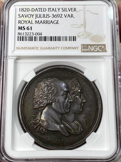万国钱币拍卖第053期【万国秋季大拍下●周五周六两场连拍】 - NGC MS61 1820年意大利撒丁岛维克多·伊曼纽尔一世时期公主玛丽亚特蕾西亚与波旁王朝卡尔·路德维希结婚纪念大银章 Lavy名家之作 RR珍稀等级 高浮雕通体酱彩罕见意大利章牌品种 40.11MM 35.5G