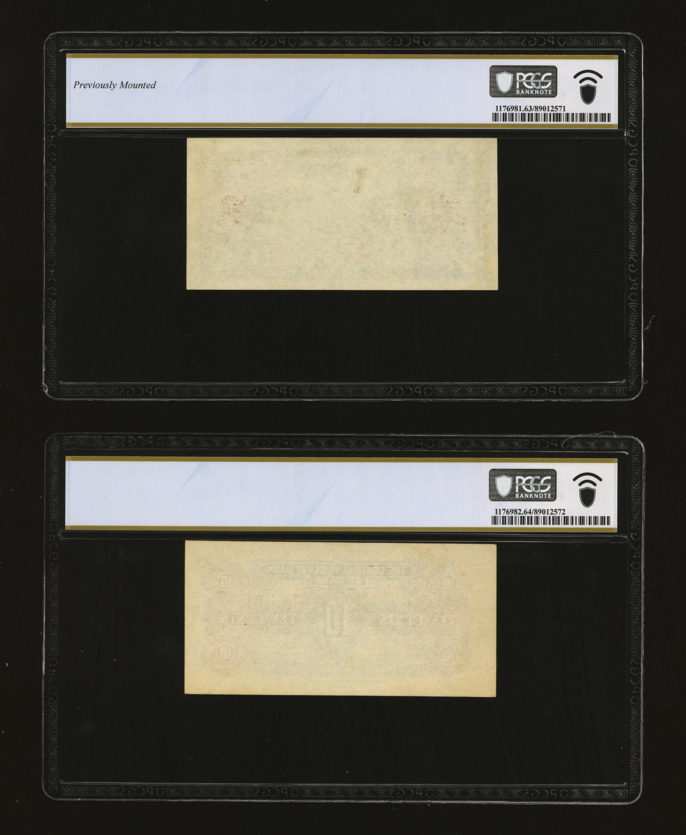 泓盛2025年秋季拍卖会 纸币 1940年中央储备银行华成版壹角样本，正背共2枚，少见，纸张硬挺，纹理清晰，凹凸明显，色彩浓郁醇厚，全新（均为唯一冠军分，PCGS-63、64/89012571、72）