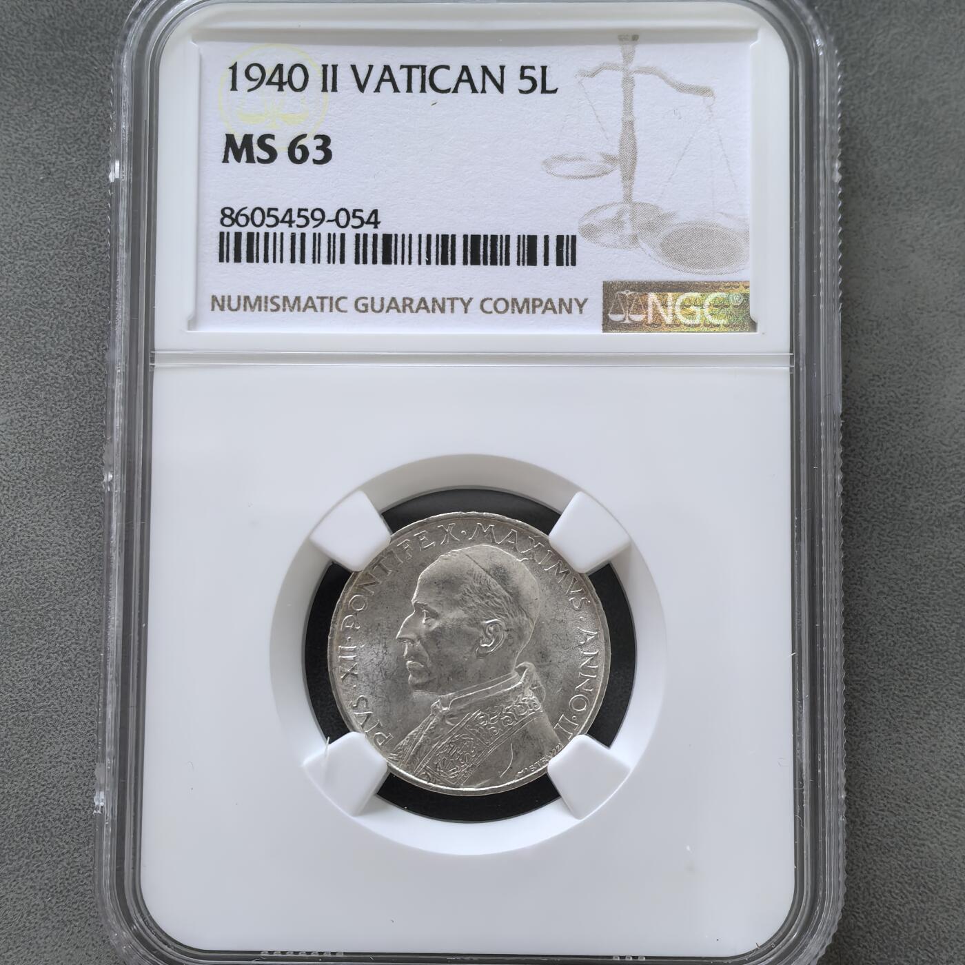 道一币馆币章第一百五十一场 NGC MS63 梵蒂冈1940年5里拉银币