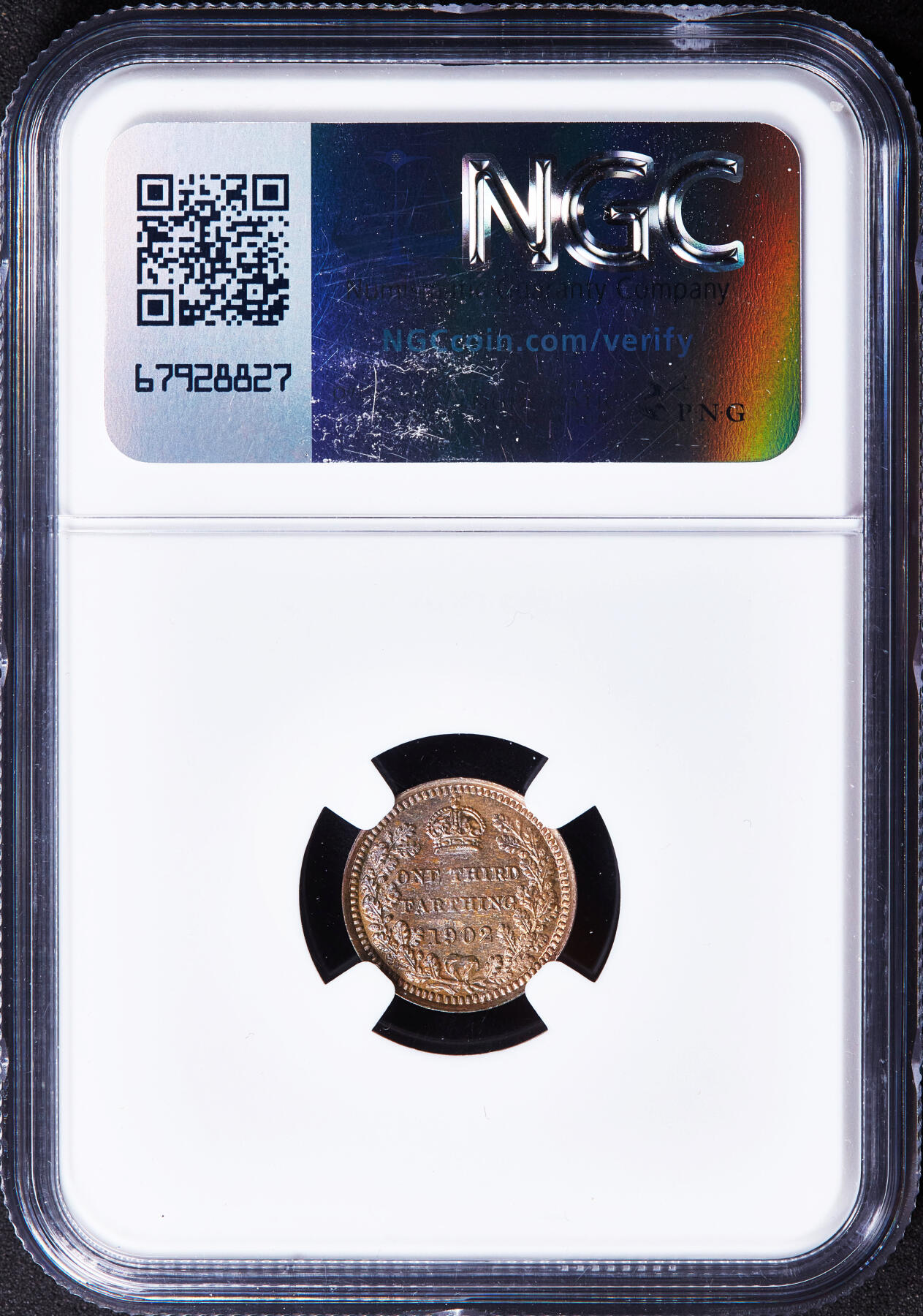 【俄甄集藏】2025年(044)11-12星期三晚 19:30 全场包邮 英国1902年爱德华七世1/3法新铜币，NGC MS64RB，原铜光，转光品相