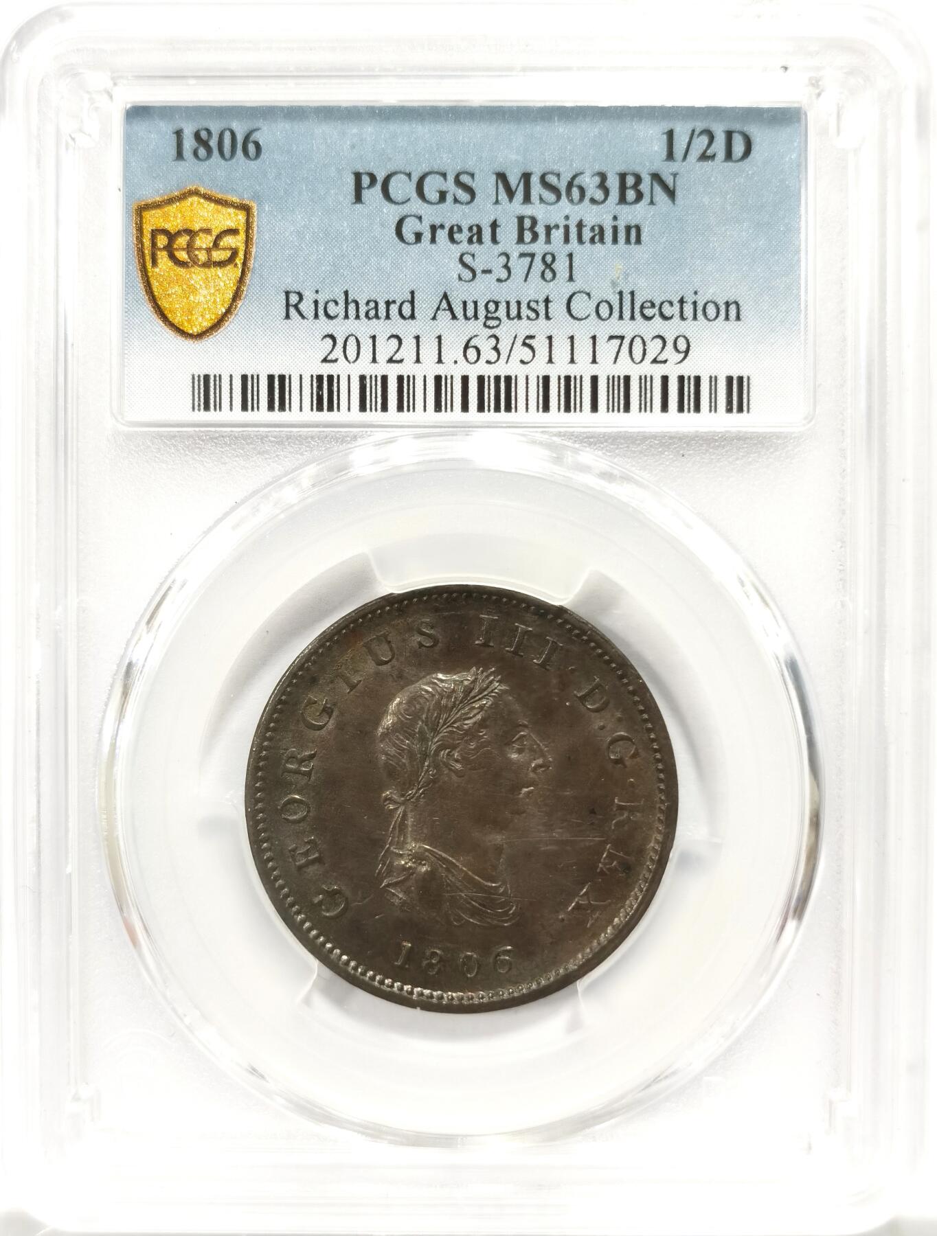 博洋堂世界钱币拍卖第143期（全场包邮） PCGS MS63BN 英国1806年乔治三世1/2便士，名家旧藏