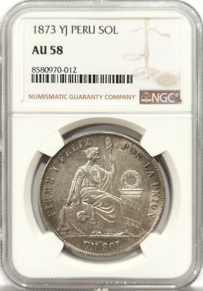 博洋堂世界钱币拍卖第143期（全场包邮） - NGC AU58 秘鲁1873年早期坐立女神大银币 YJ版 带光趣味品 正面有铸纹和减重痕