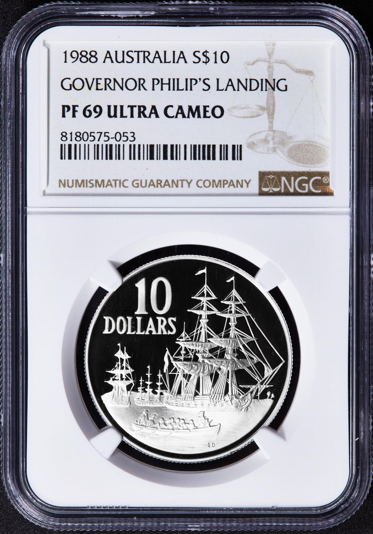 【俄甄集藏】2025年(044)11-12星期三晚 19:30 全场包邮 澳大利亚1988年纪念海军上将亚瑟·菲利普抵达悉尼建立殖民地200周年10元精制银币，NGC PF69UC，重20克，92.5%银，发行量80099枚