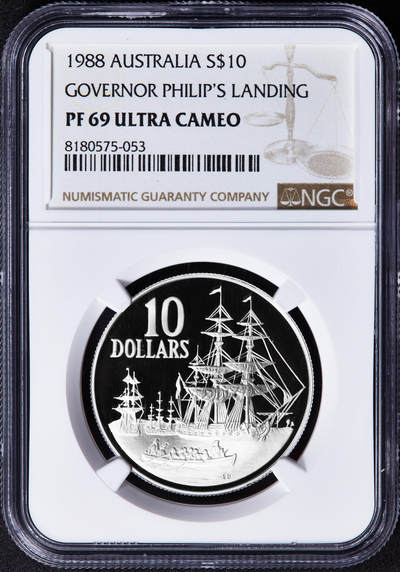 【俄甄集藏】2025年(044)11-12星期三晚 19:30 全场包邮 - 澳大利亚1988年纪念海军上将亚瑟·菲利普抵达悉尼建立殖民地200周年10元精制银币，NGC PF69UC，重20克，92.5%银，发行量80099枚