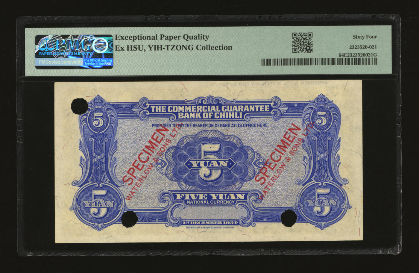泓盛2025年秋季拍卖会 纸币 民国廿三年（1934年）北洋保商银行华德路版伍圆样本券，此券本计划发行以回收旧券，但因政府施行法币改革而未发行，首次面世，目前仅见，中国商业银行纸币之大珍品，乃于上海泓盛首次公诸于公开拍卖中，值得珍惜；纸张厚实硬挺，色彩浓郁醇厚，原汁原味，全新（唯一冠军分，PMG-64EPQ/2323520-021）