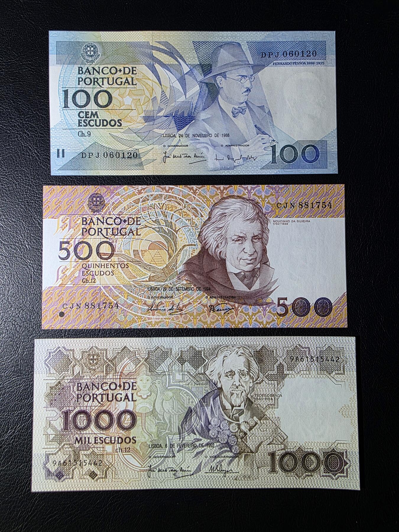 叁拾收藏第32期 葡萄牙倒二版3张（100/500/1000埃斯库多）  UNC
