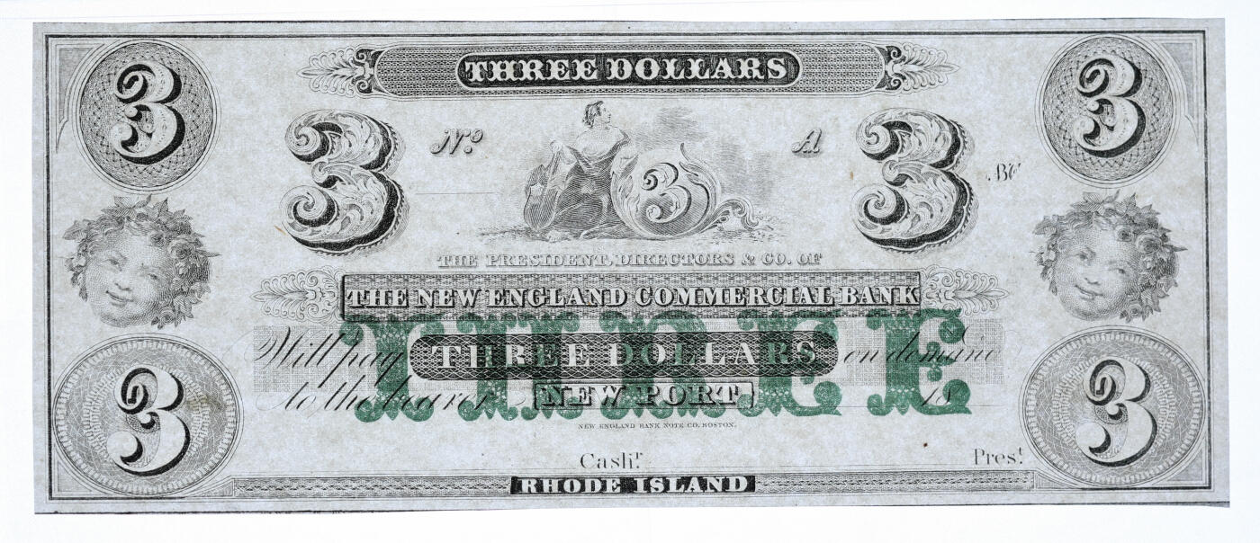 泓盛2025年秋季拍卖会 纸币 美国1860年新英格兰商业银行3美元，罗得岛州纽波特地名，未完成券，纸张白净，纹理清晰，色彩浓郁纯正，全新（亚军分、PMG-66EPQ/2269634-007）