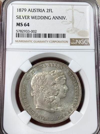 万国钱币拍卖第053期【万国秋季大拍上●周五周六两场连拍】 - NGC MS64 1879年奥地利弗朗茨一世与茜茜公主银婚纪念2福林 丝绸转光底板 醇熟青金色包浆 顶级收藏品质