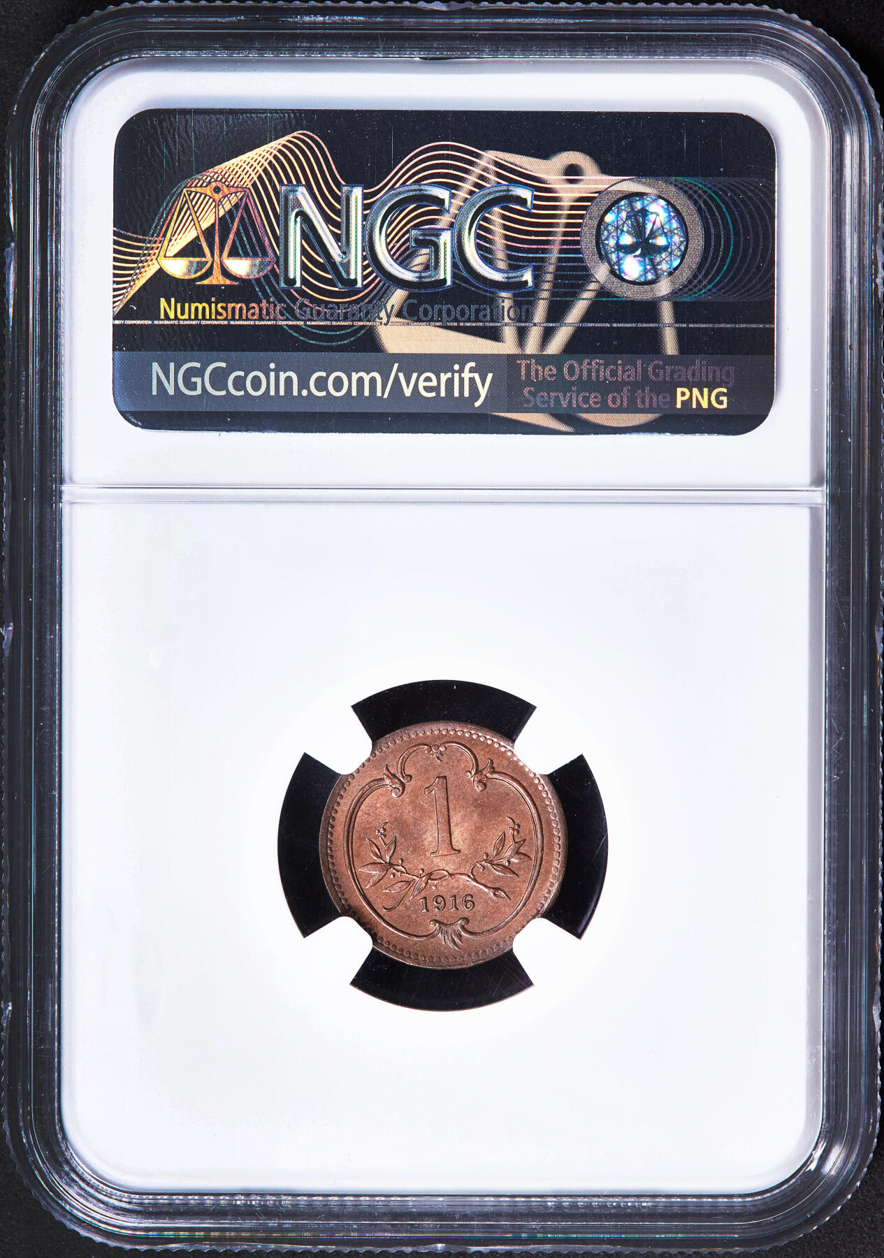 【俄甄集藏】2025年(044)11-12星期三晚 19:30 全场包邮 奥匈帝国-奥地利1916年1赫勒铜币，NGC MS64，转光品相，盒子底部有小磕，见详图
