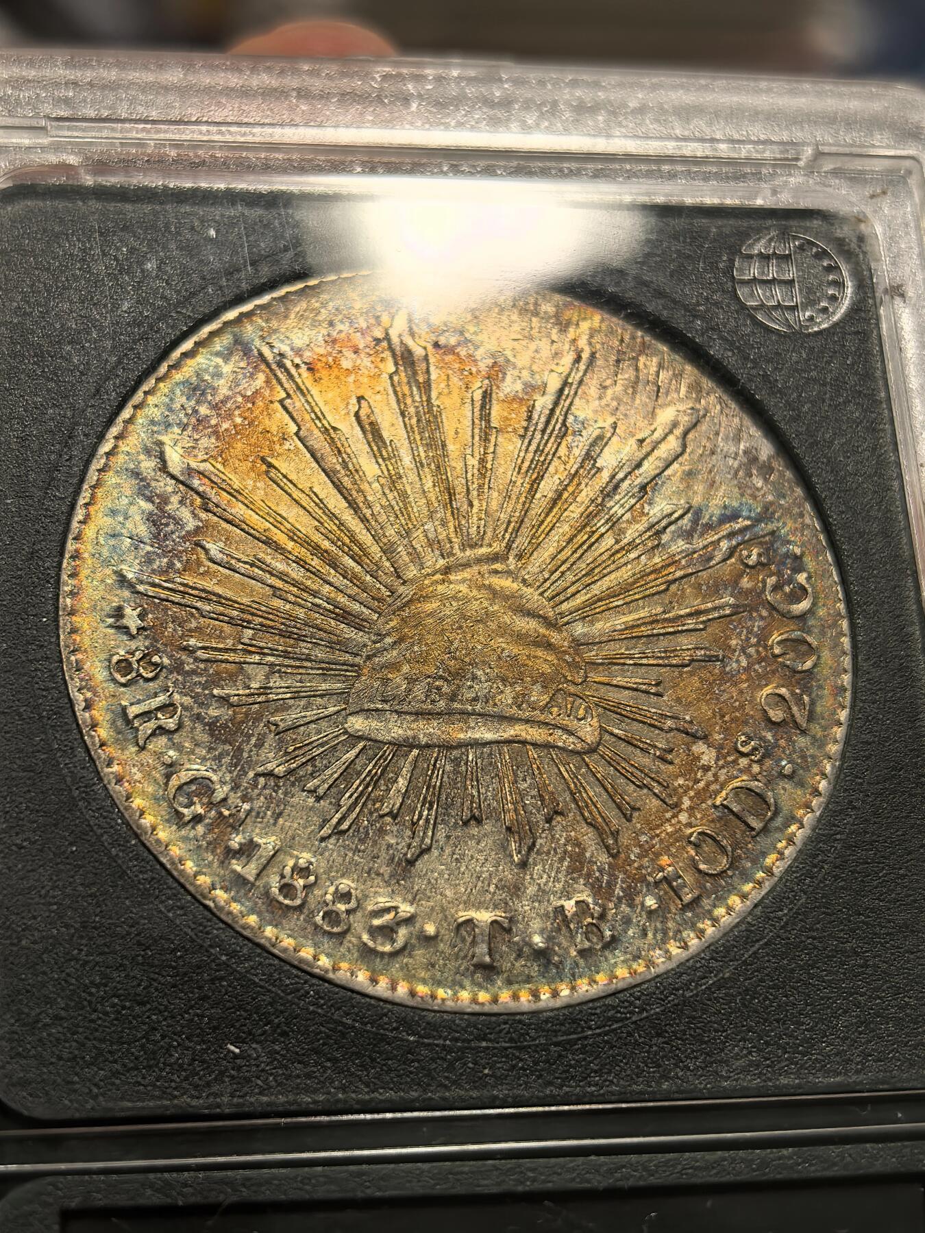 博洋堂世界钱币拍卖第143期（全场包邮） 墨西哥1883年GATB花边鹰洋，八级鹰，鹰面1点钟方向为减重痕，包浆后养，放置柜中自然生成，非化学彩，不喜勿出价
