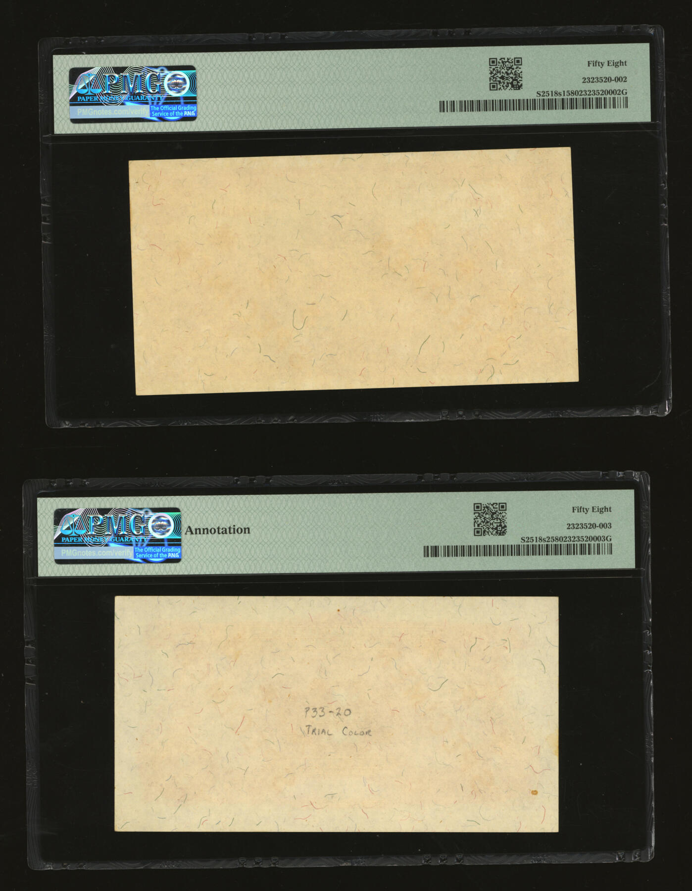 泓盛2025年秋季拍卖会 纸币 民国廿二年（1933年）北洋保商银行华德路版壹圆样本券，双张式正背共2枚，少见，纸张白净硬挺，雕刻版纹理清晰，凹凸强烈，色彩浓郁明艳，原汁原味，九八至全新（严重低评，正面张仅2枚之季军分、更高分仅4枚，背面张唯一亚军分、冠军分仅1枚，PMG-58/2323520-002、003）