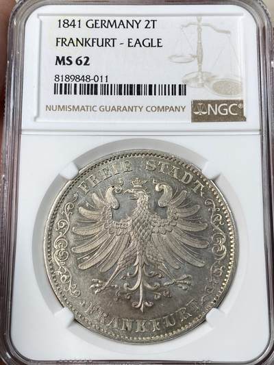 万国钱币拍卖第053期【万国秋季大拍上●周五周六两场连拍】 - NGC MS62 1841年法兰克福自由市鹰徽流通2泰勒 仅发行12万枚且流通充分 正面是象征法兰克福的雄鹰 背面采用橡叶结合面值设计 原光淡彩收藏级品质