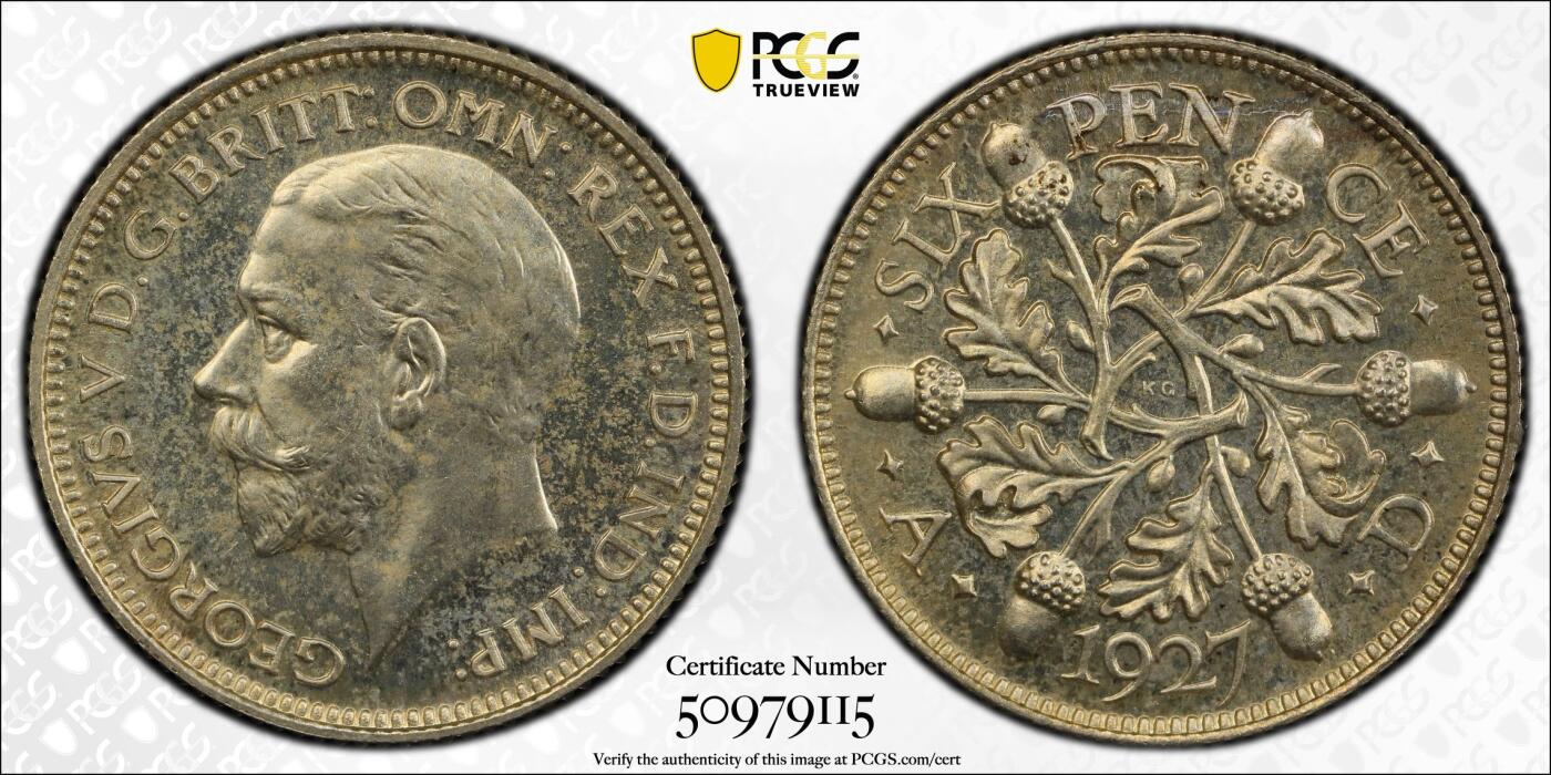 博洋堂世界钱币拍卖第143期（全场包邮） PCGS PR65 英国1927年乔治五世6便士精制银币