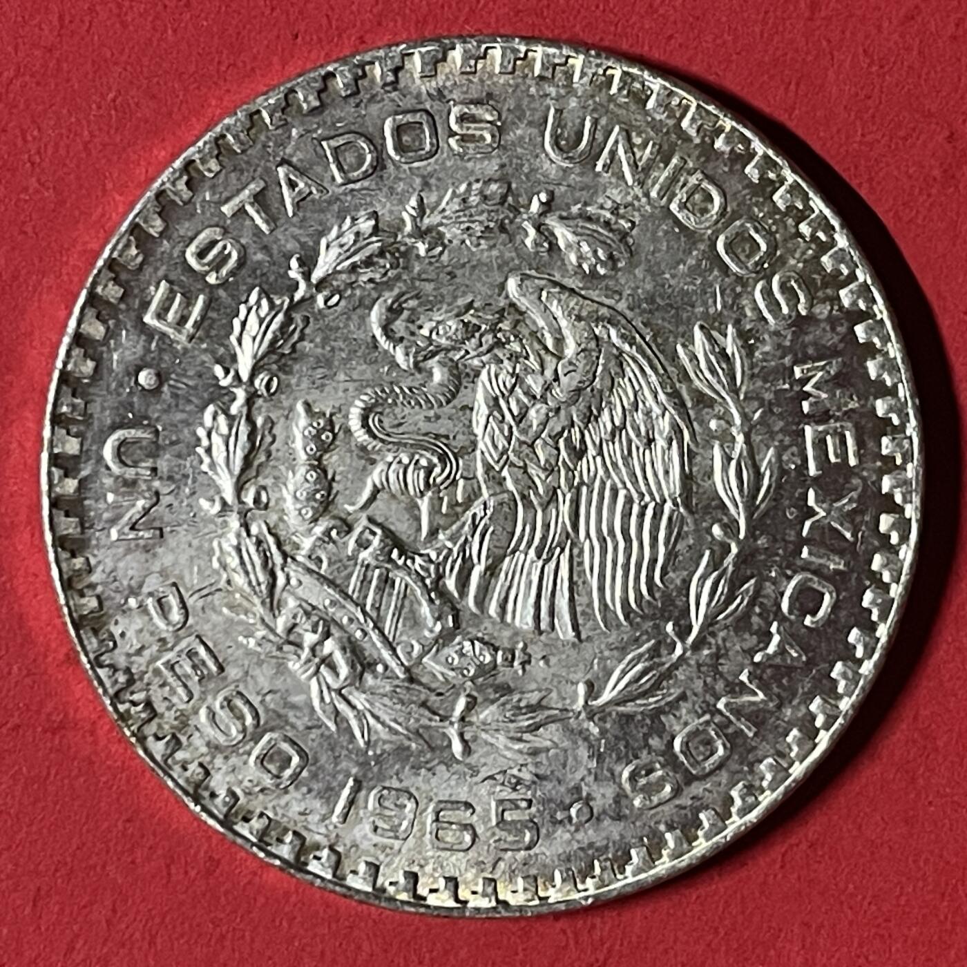 【银质纪念币、国外银币等珍品】限时专场 大背逆墨西哥 1965年  1比索银币一枚