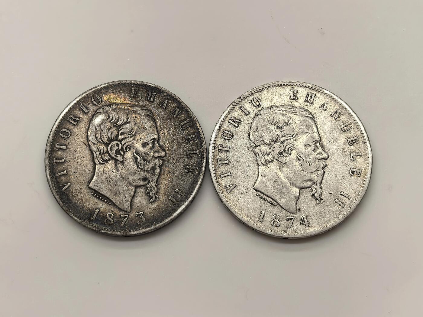 博洋堂世界钱币拍卖第143期（全场包邮） 意大利1873、1874年马努埃莱二世5里拉大银币2枚