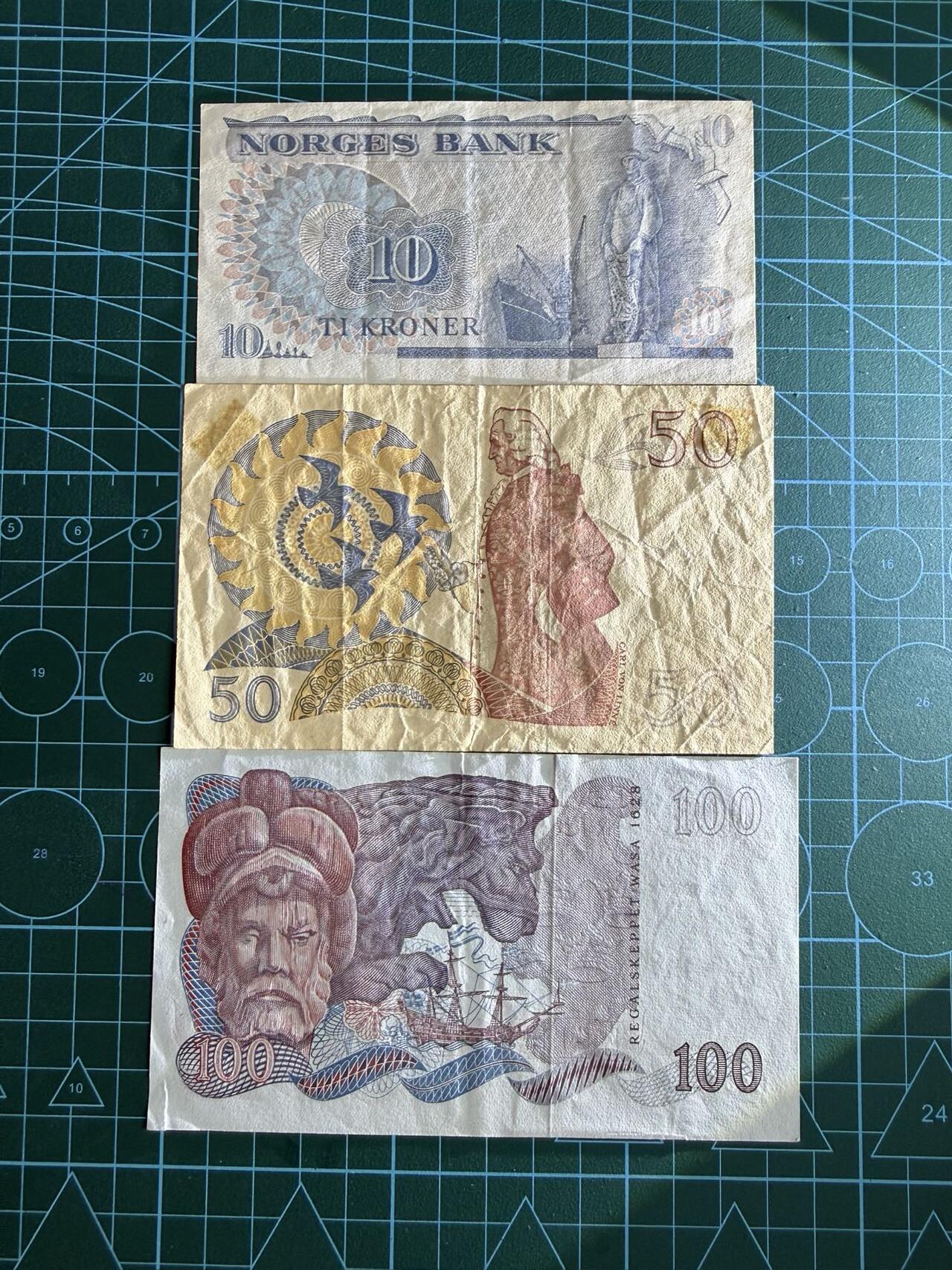 【炜奕收藏】，第四十七期 挪威瑞典共3张，XF品相，100克朗有裂口，包含一张无47