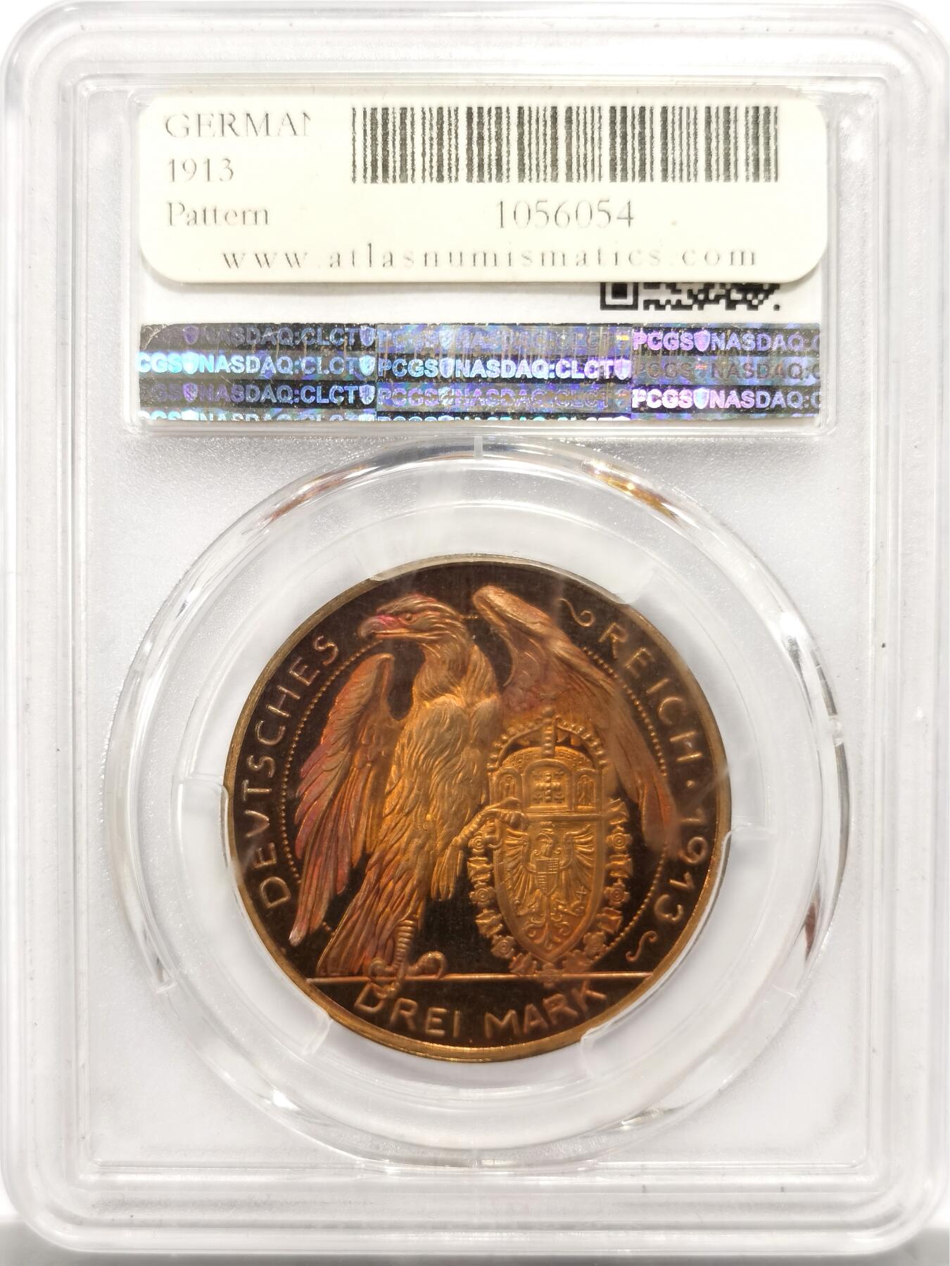 博洋堂世界钱币拍卖第143期（全场包邮） PCGS SP67RB 德国普鲁士1913年威廉二世3马克样币，稀少名誉品，唯一冠军分！
