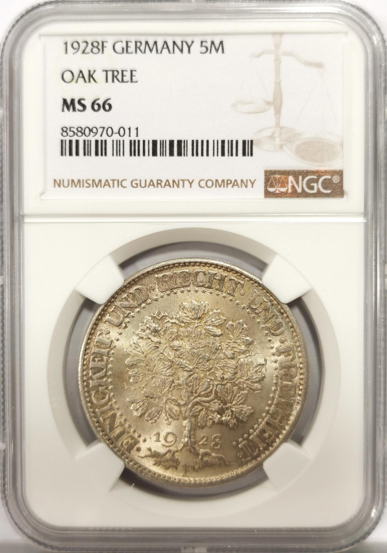 博洋堂世界钱币拍卖第143期（全场包邮） 冠军分！NGC MS66 魏玛德国1928年橡树5马克大银币 卷拆转光未下水完美品 无任何瑕疵 一枚毕业