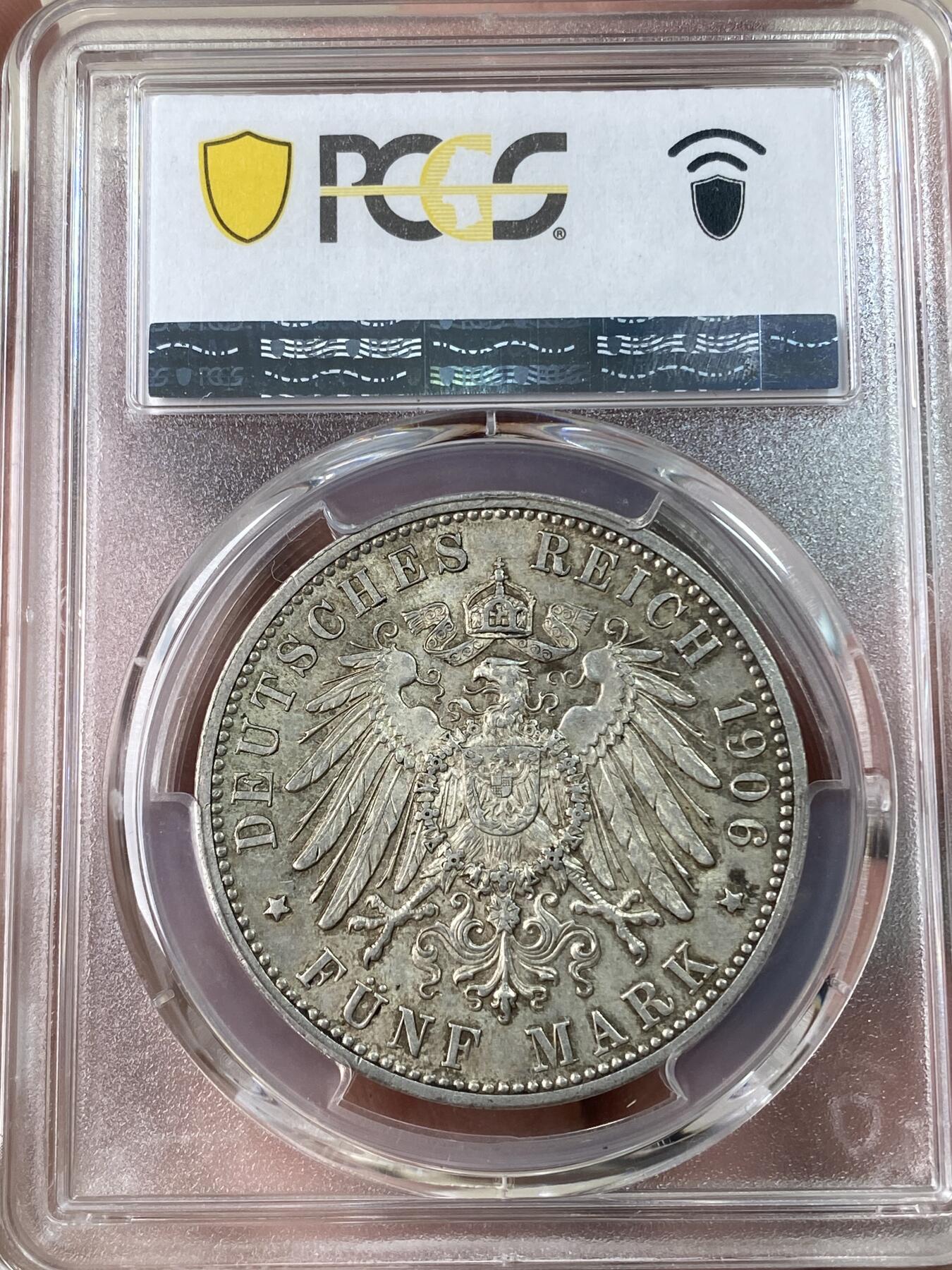 万国钱币拍卖第053期【万国秋季大拍上●周五周六两场连拍】 PCGS MS64 1906年德国巴登大公银婚纪念长翅5马克 原味淡彩转光 收藏级品质