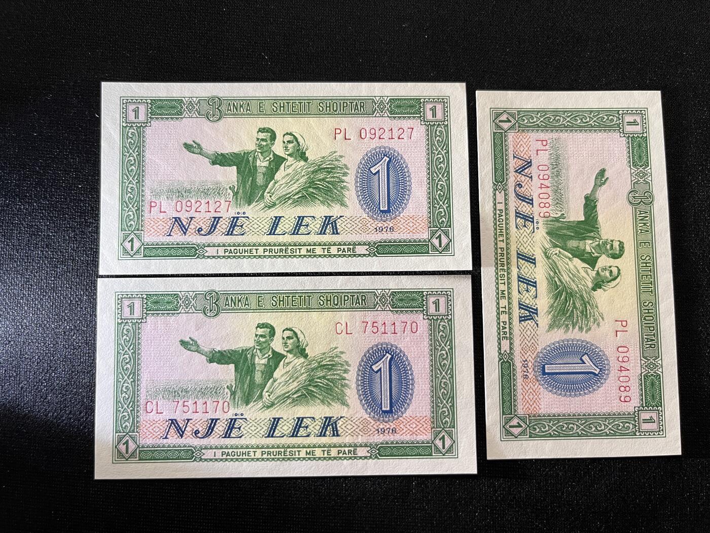 咖啡豆•收藏 2025年Oct_23th世界各国纸币拍卖 3枚 阿尔巴尼亚 1976年 1列克 全新UNC 外国纸币