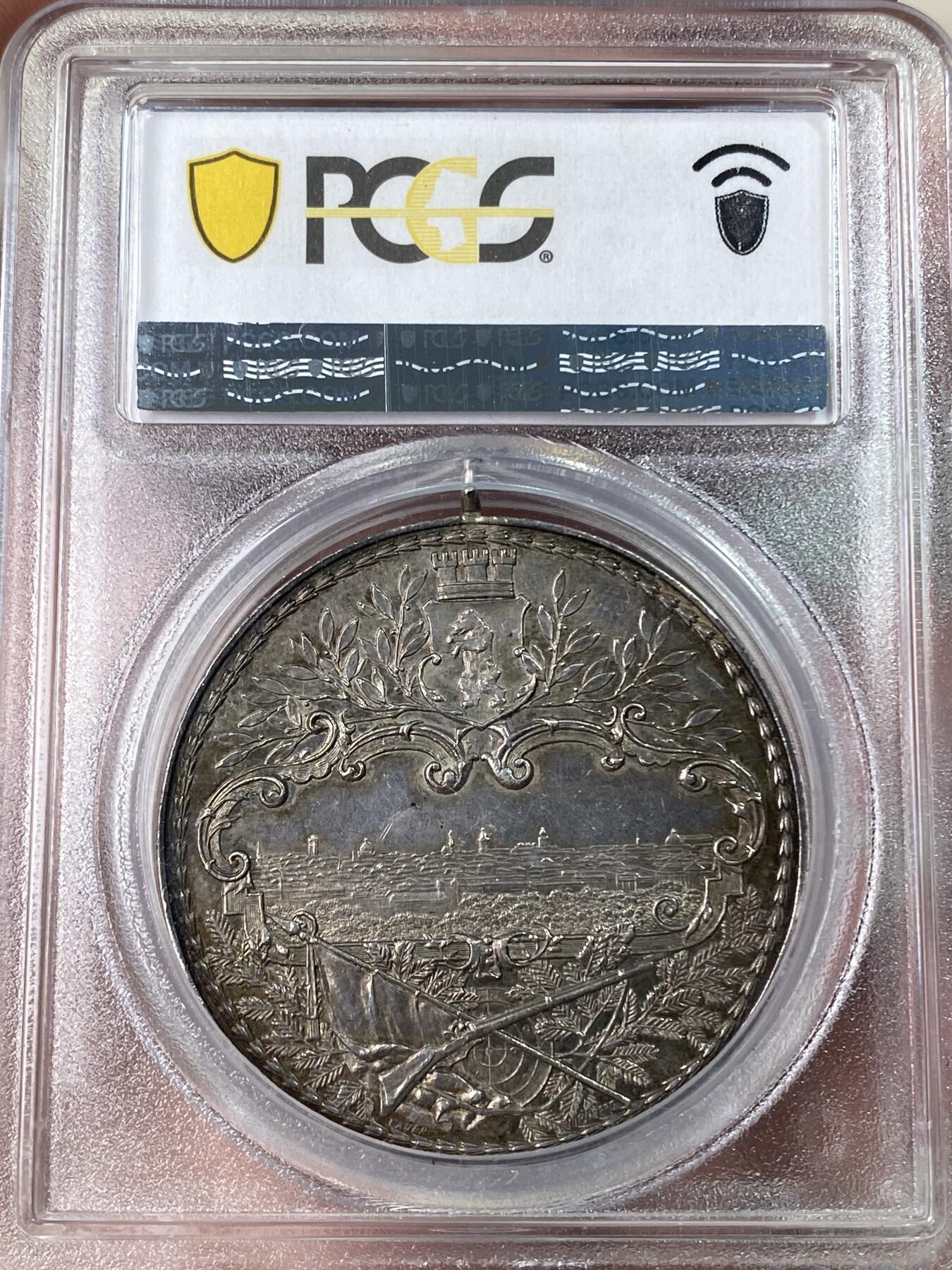 万国钱币拍卖第053期【万国秋季大拍上●周五周六两场连拍】 PCGS MS61 1890年德国勃兰登堡-柏林射击节大银章 高浮雕好品极难的酱彩柏林城市景观大银章