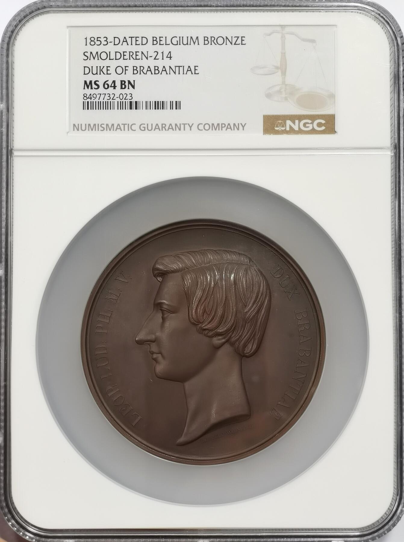 博洋堂世界钱币拍卖第143期（全场包邮） NGC MS64 比利时1853年布拉班特公爵纪念巨大铜章冠军分！超高浮雕72mm的超级厚重文物！150年前的精美艺术品！