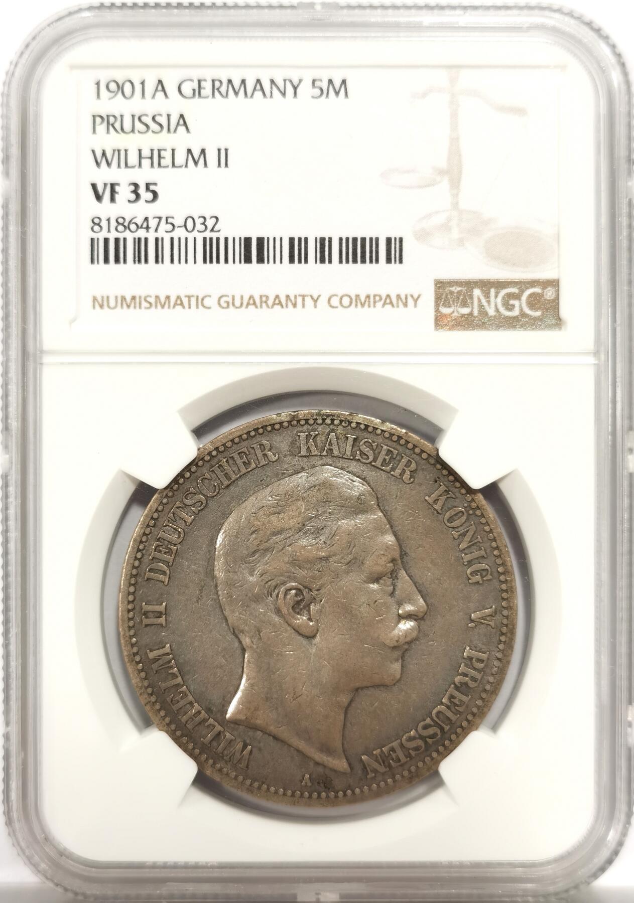 博洋堂世界钱币拍卖第143期（全场包邮） NGC VF35 德国普鲁士1901年A版威廉二世5马克银币