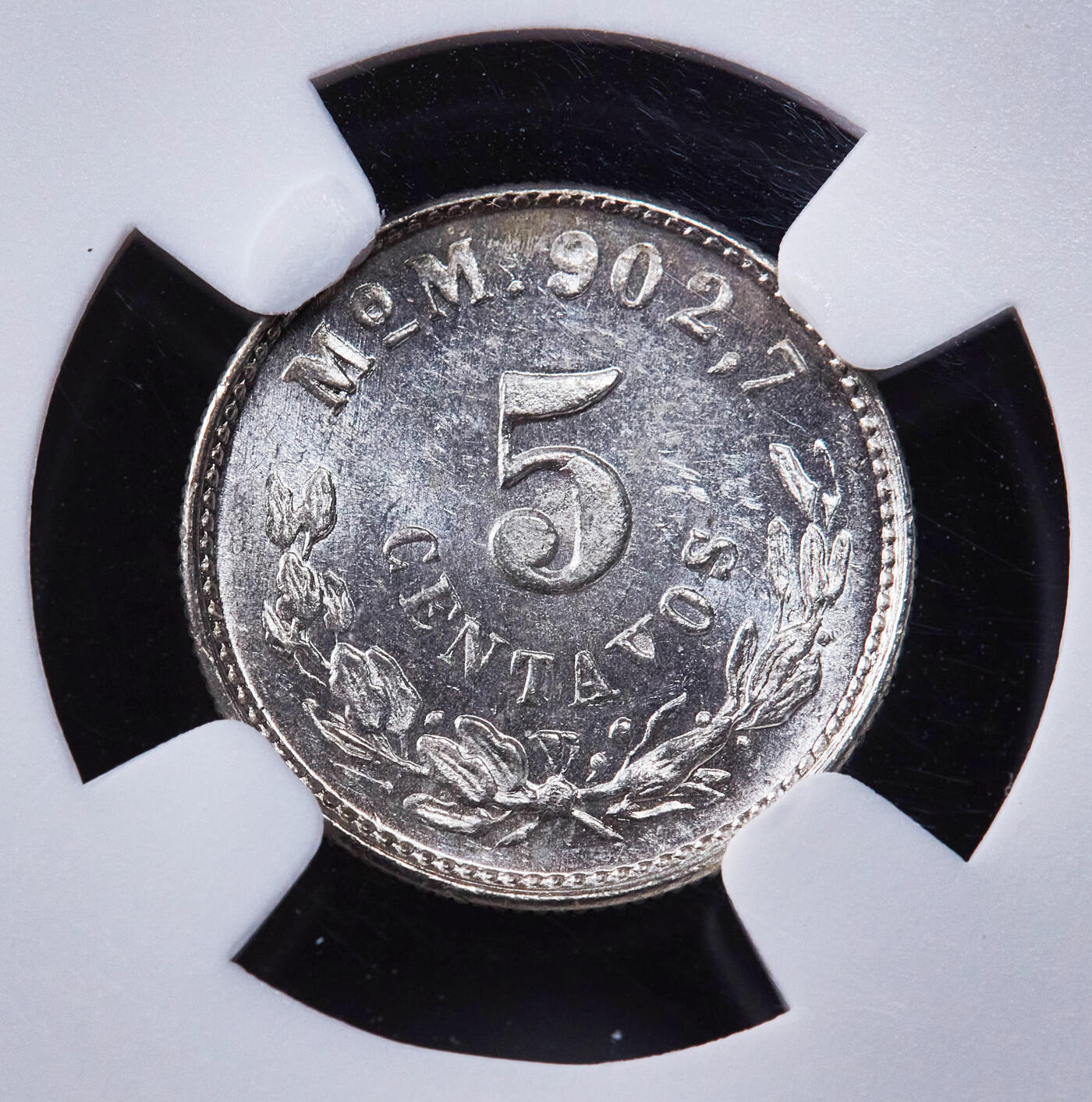 【俄甄集藏】2025年(044)11-12星期三晚 19:30 全场包邮 墨西哥1903年M版鹰洋5分银币，NGC MS63，凝霜底板，转光品相