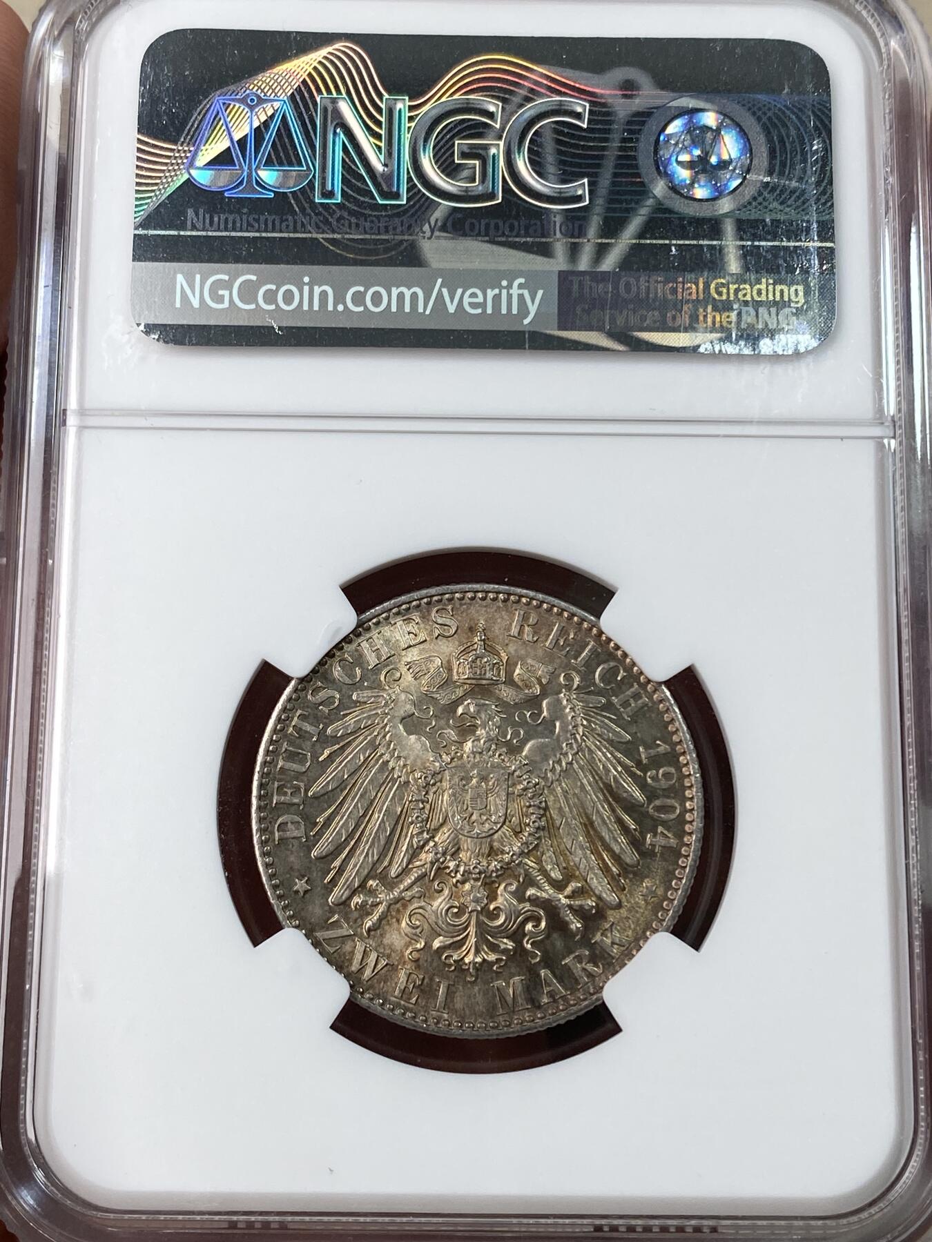 万国钱币拍卖第053期【万国秋季大拍上●周五周六两场连拍】 NGC MS64+ 1904年德国萨克森乔治国王长翅流通2马克 流通版好品难得 顶级原味五彩