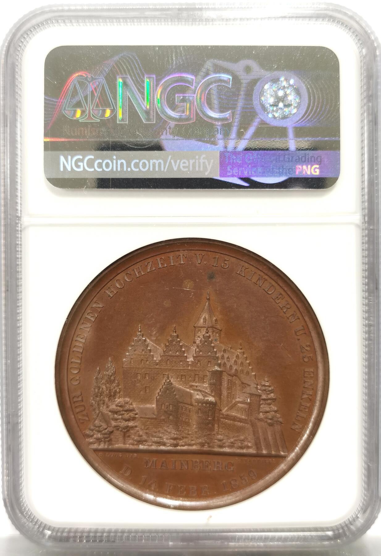博洋堂世界钱币拍卖第143期（全场包邮） NGC MS63 德国1859年沃尔兹堡金婚纪念大铜章，反面城堡景观无与伦比的美！早期原铸高浮雕，艺术品价值拉满！