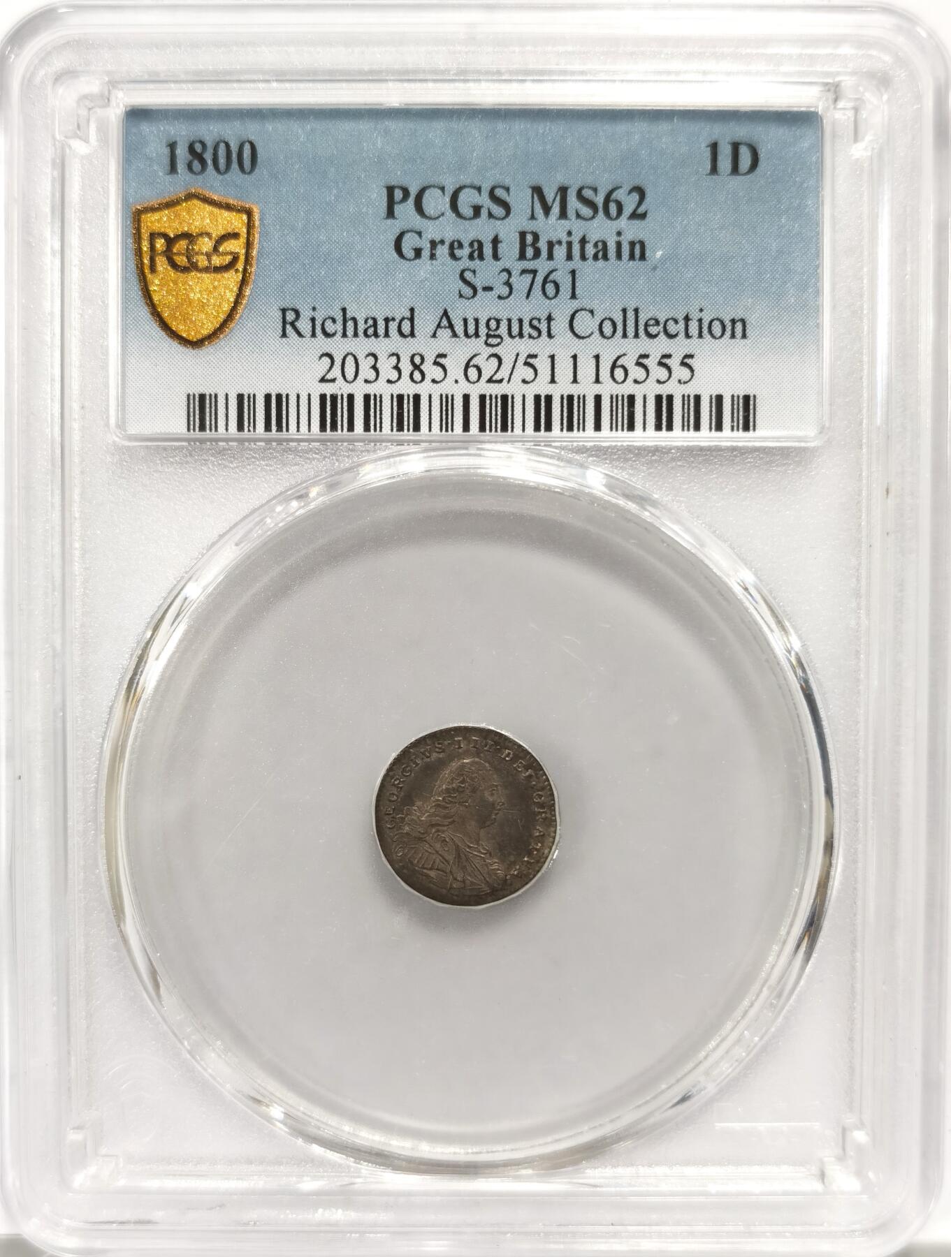 博洋堂世界钱币拍卖第143期（全场包邮） PCGS MS62 英国1800年乔治三世1便士濯足币，醇熟包浆，名家旧藏