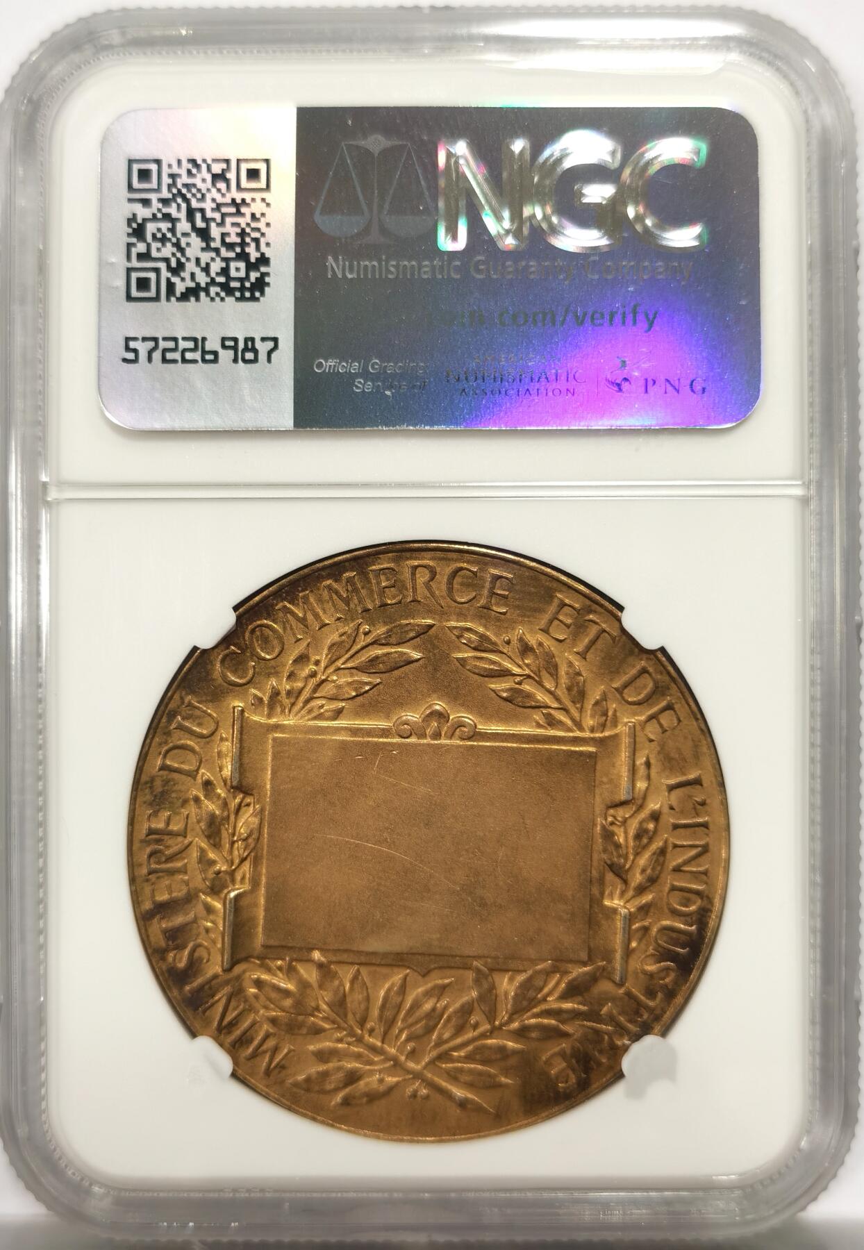 博洋堂世界钱币拍卖第143期（全场包邮） NGC MS63 法国贸易和商业协会纪念大银章41mm，1900年前后，高浮雕款。玛丽安奴商业女神肖像美轮美奂！