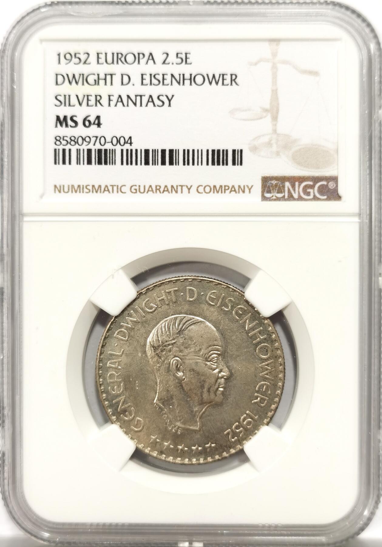 博洋堂世界钱币拍卖第143期（全场包邮） NGC MS64 欧共体1952年艾森豪威尔2.5欧元/半美元双面值银币 发行量仅有1w枚 低估品种