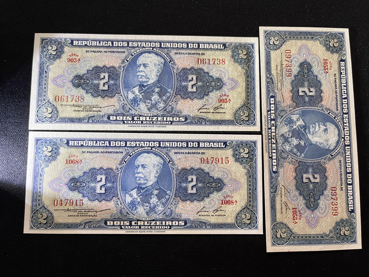 咖啡豆•收藏 2025年Oct_23th世界各国纸币拍卖 3枚 巴西 1954-58年 2克鲁塞罗 全新UNC 外国纸币