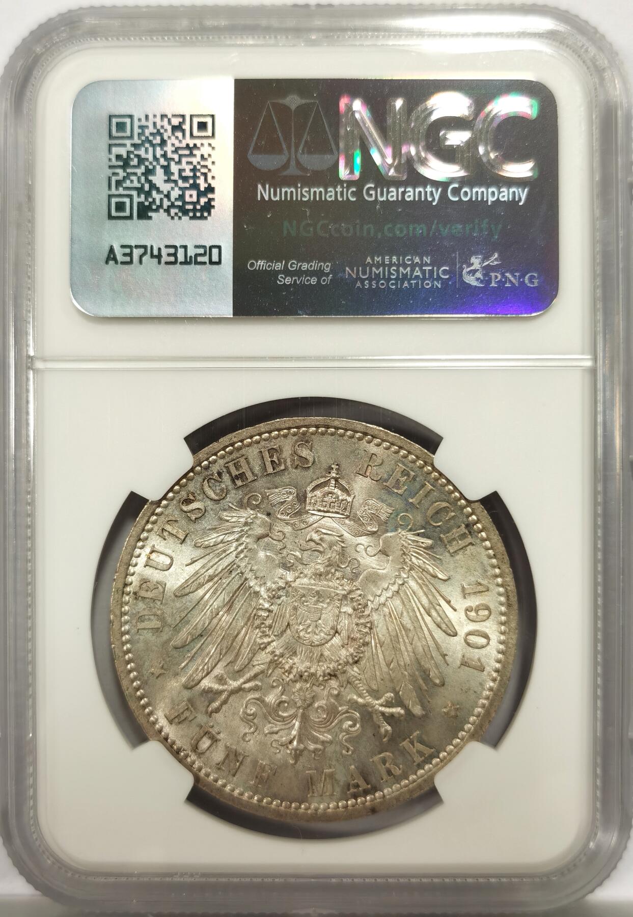 博洋堂世界钱币拍卖第143期（全场包邮） NGC MS65 1901年德国普鲁士建国200周年5马克大银币 黄油包浆，最近银价大涨，德系高分大银币也是一路狂飙，这几天HA高分德系大银币已经抢疯了，珍惜国内现货筹码机会