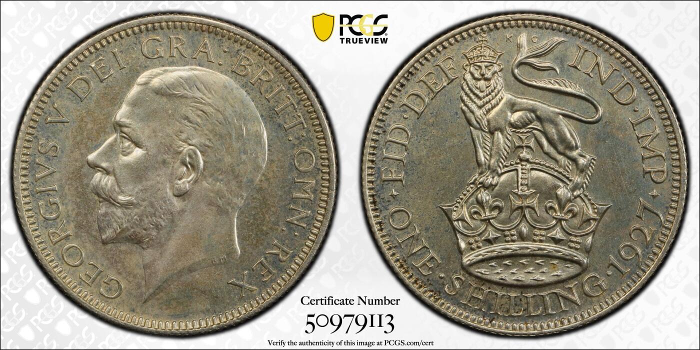 博洋堂世界钱币拍卖第143期（全场包邮） PCGS PR65 英国1927年乔治五世1先令精制银币，背面卡槽有小磕