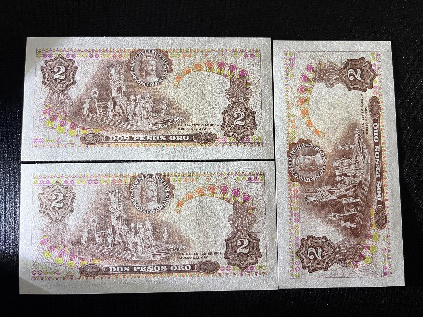 咖啡豆•收藏 2025年Oct_23th世界各国纸币拍卖 3枚 哥伦比亚 1973年 2比索 全新UNC 外国纸币