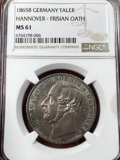 万国钱币拍卖第053期【万国秋季大拍下●周五周六两场连拍】 - NGC MS61 1865年德国汉诺威弗里斯兰橡树箴言泰勒 仅发行2000枚的联合泰勒大名誉品 高点状态锋利无比 原味欧陆淡香槟色典雅包浆覆盖