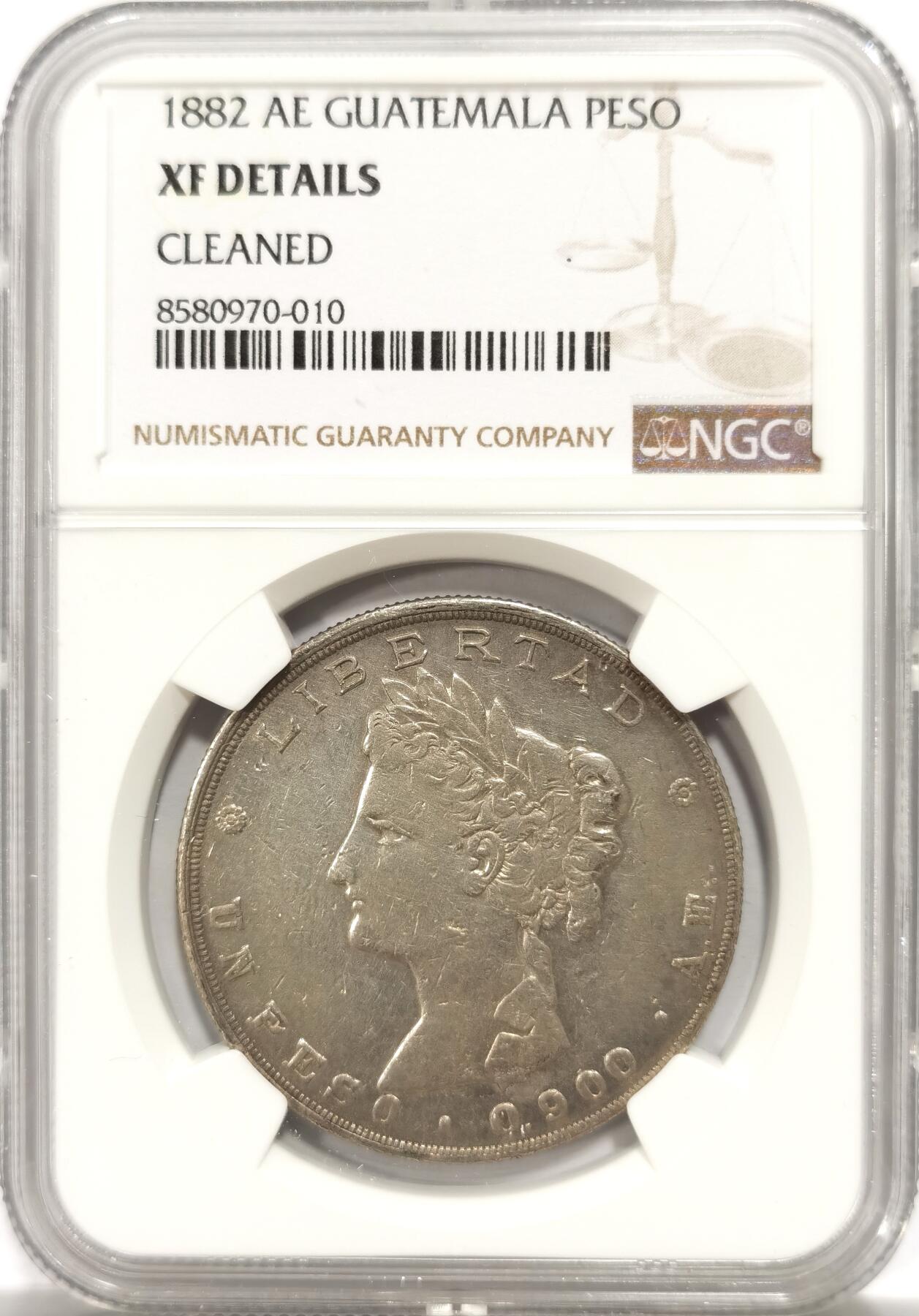 博洋堂世界钱币拍卖第143期（全场包邮） NGC XF 危地马拉1882年独立女神1比索大银币 绝对少见的南美洲女神币 流通美品无伤