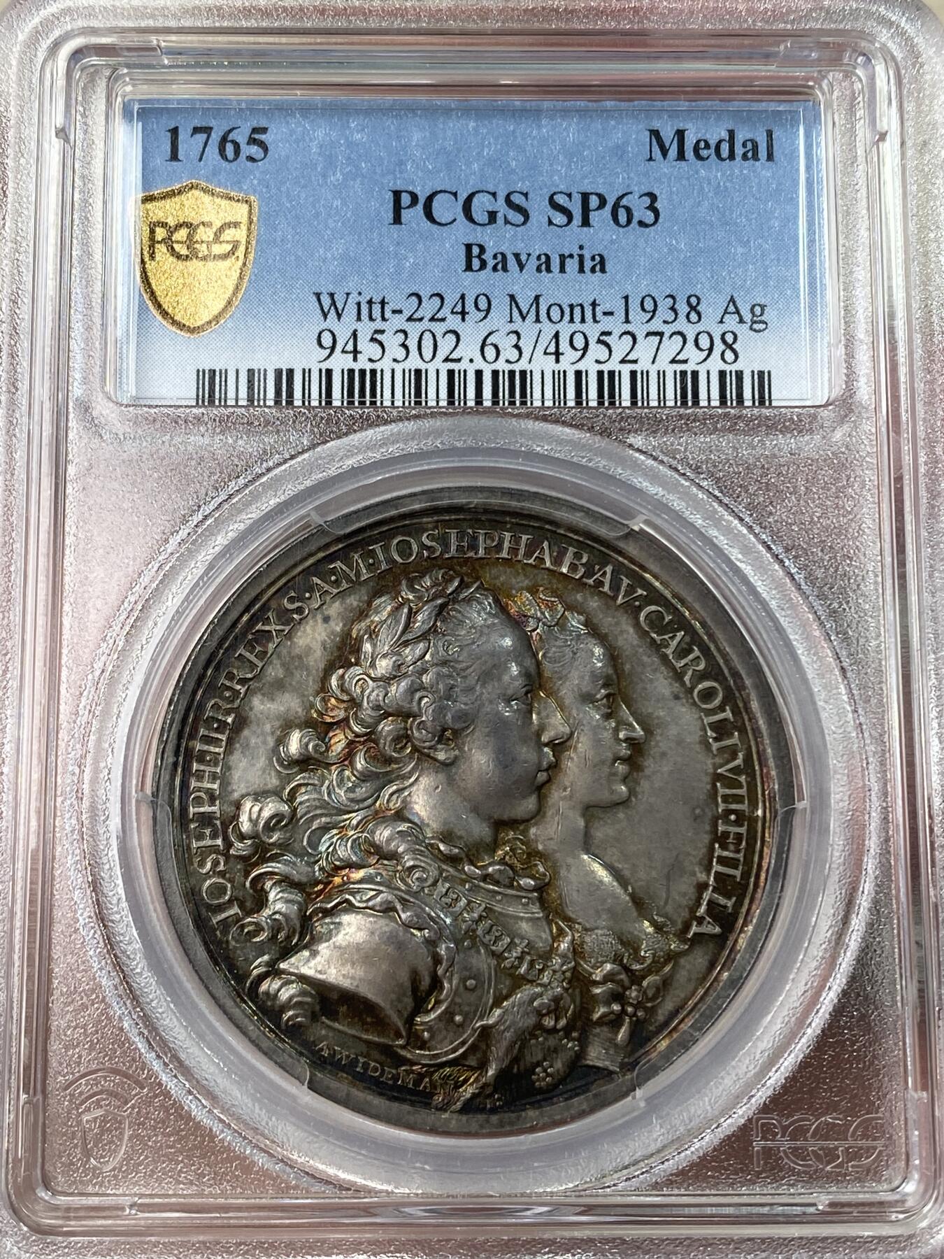 万国钱币拍卖第053期【万国秋季大拍上●周五周六两场连拍】 PCGS SP63 1765年巴伐利亚马克西米利安三世的皇妹约瑟夫与奥地利皇帝约瑟夫二世结婚纪念大银章 超罕见保存完美的18世纪帝国高浮雕结婚系列 无论是人物还是景观刻画都精细无比精美绝伦的艺术品