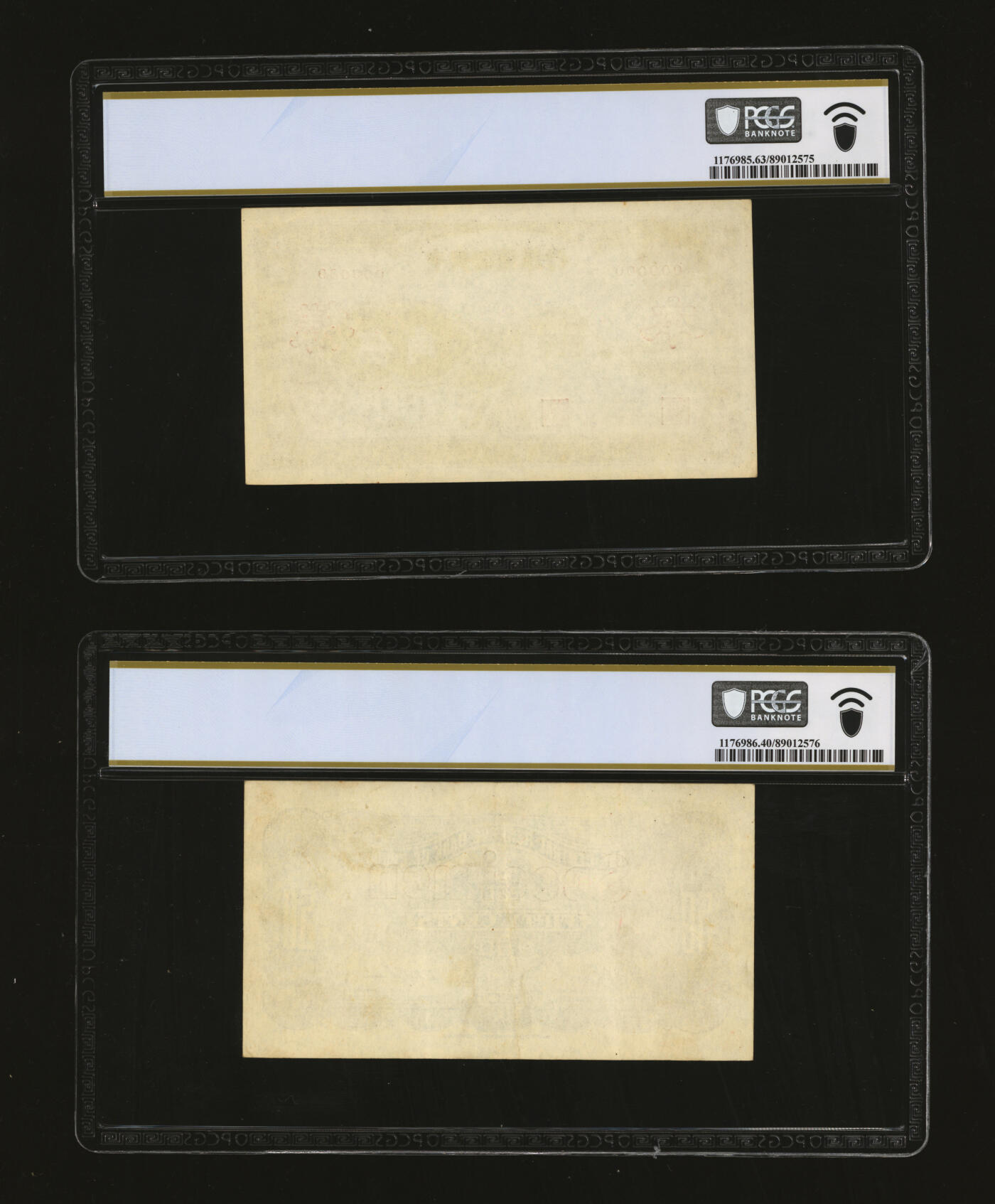 泓盛2025年秋季拍卖会 纸币 1940年中央储备银行华成版紫色伍角样本，正背共2枚，少见，纸张硬挺，雕刻版纹理清晰，凹凸强烈，色彩浓郁醇厚，原汁原味，八五至全新（均为唯一冠军分，PCGS-63、40/89012575、76）