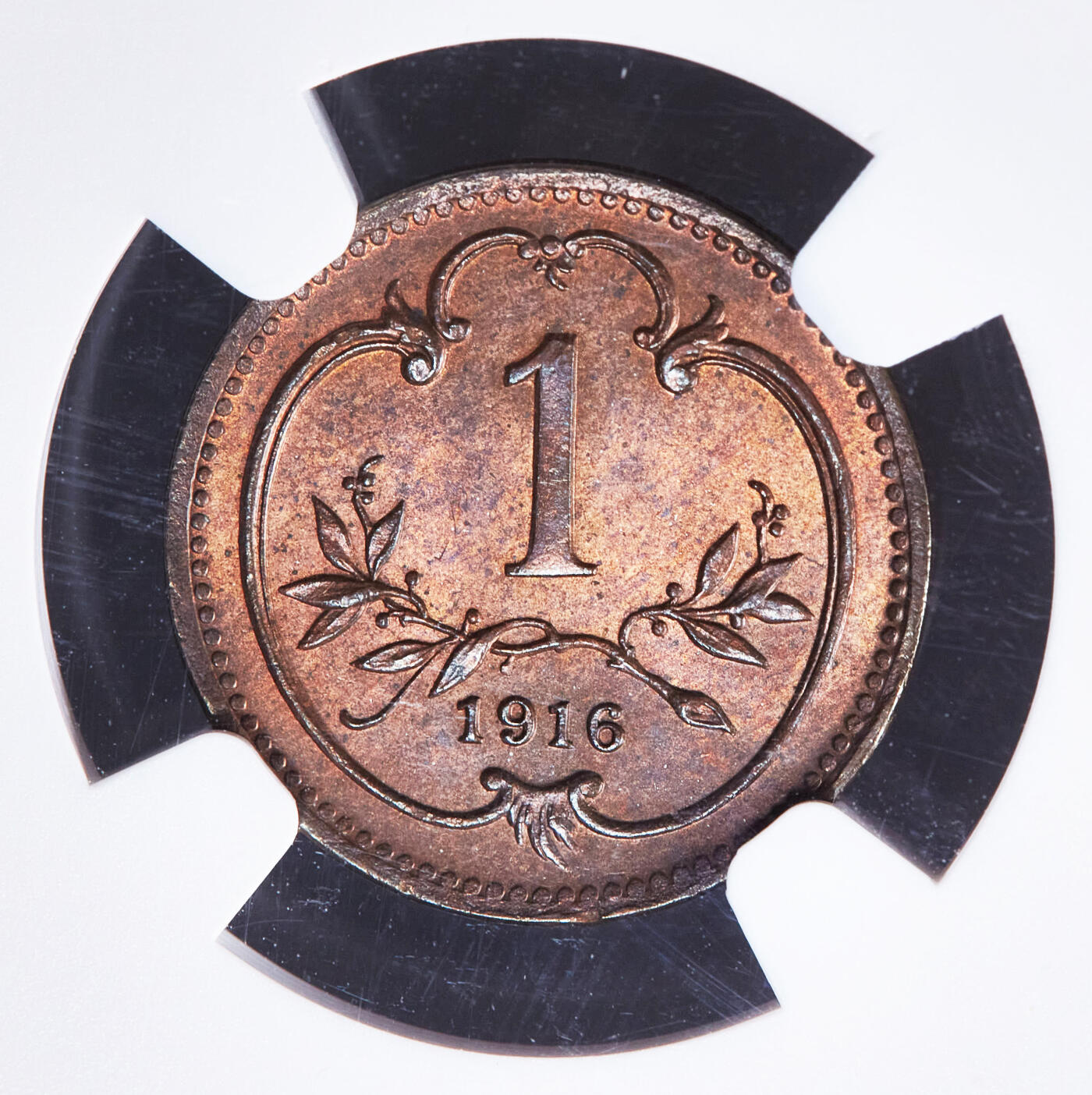 【俄甄集藏】2025年(044)11-12星期三晚 19:30 全场包邮 奥匈帝国-奥地利1916年1赫勒铜币，NGC MS64，转光品相，盒子底部有小磕，见详图