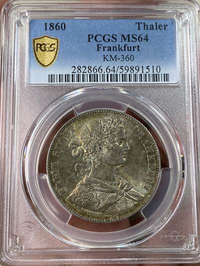 万国钱币拍卖第053期（万国秋季大拍●上） - PCGS MS64 1860年德国法兰克福少女流通1泰勒 原味孔雀绿炫五彩转光品相 高分难度超越同款2T的品种 典藏级状态