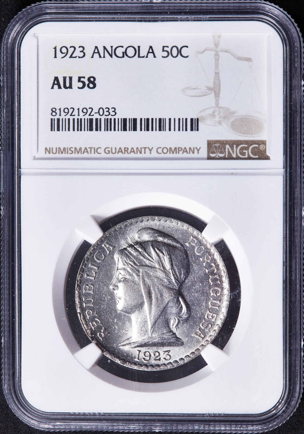 【俄甄集藏】2025年(044)11-12星期三晚 19:30 全场包邮 葡属安哥拉1923年女神版50分镍币，NGC AU58，原光品相，该版最大面值