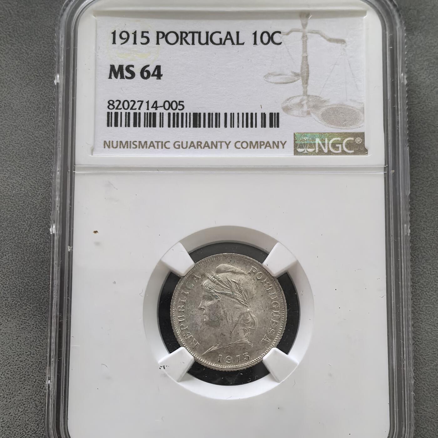 道一币馆币章第一百五十一场 NGC MS64 葡萄牙1914年谷物女神10分银币