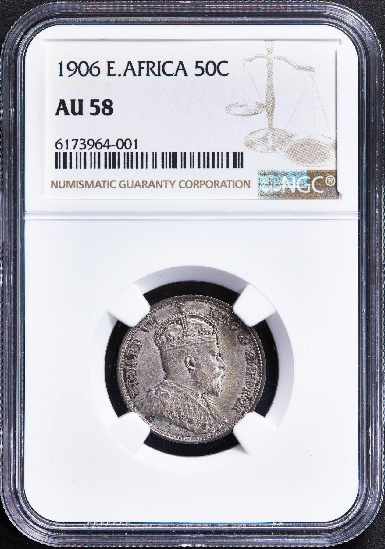 【俄甄集藏】2025年(044)11-12星期三晚 19:30 全场包邮 英属东非殖民地1906年爱德华七世50分银币，NGC AU58，原味包浆，细节犀利