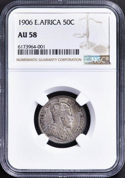 【俄甄集藏】2025年(044)11-12星期三晚 19:30 全场包邮 - 英属东非殖民地1906年爱德华七世50分银币，NGC AU58，原味包浆，细节犀利