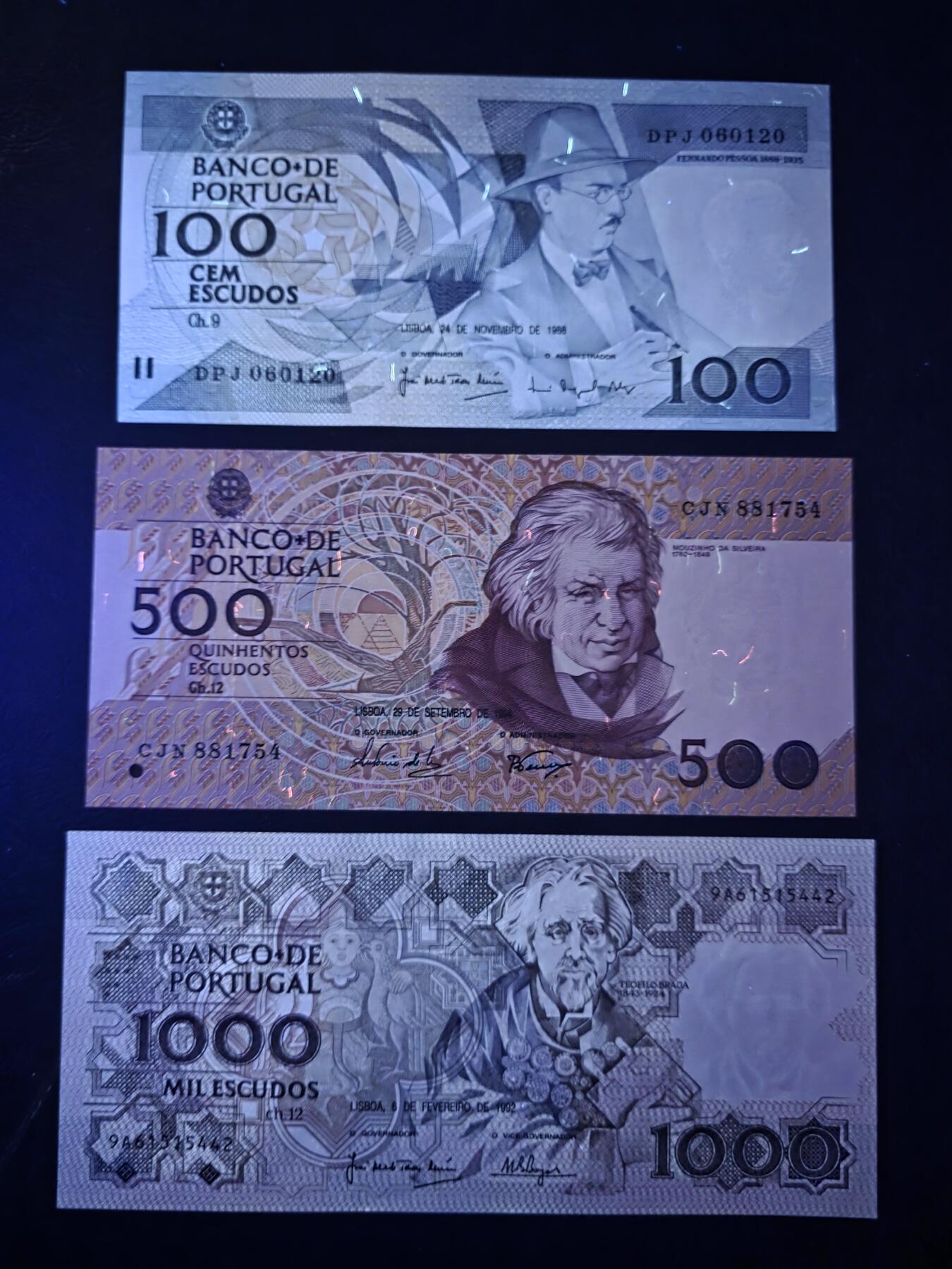 叁拾收藏第32期 葡萄牙倒二版3张（100/500/1000埃斯库多）  UNC