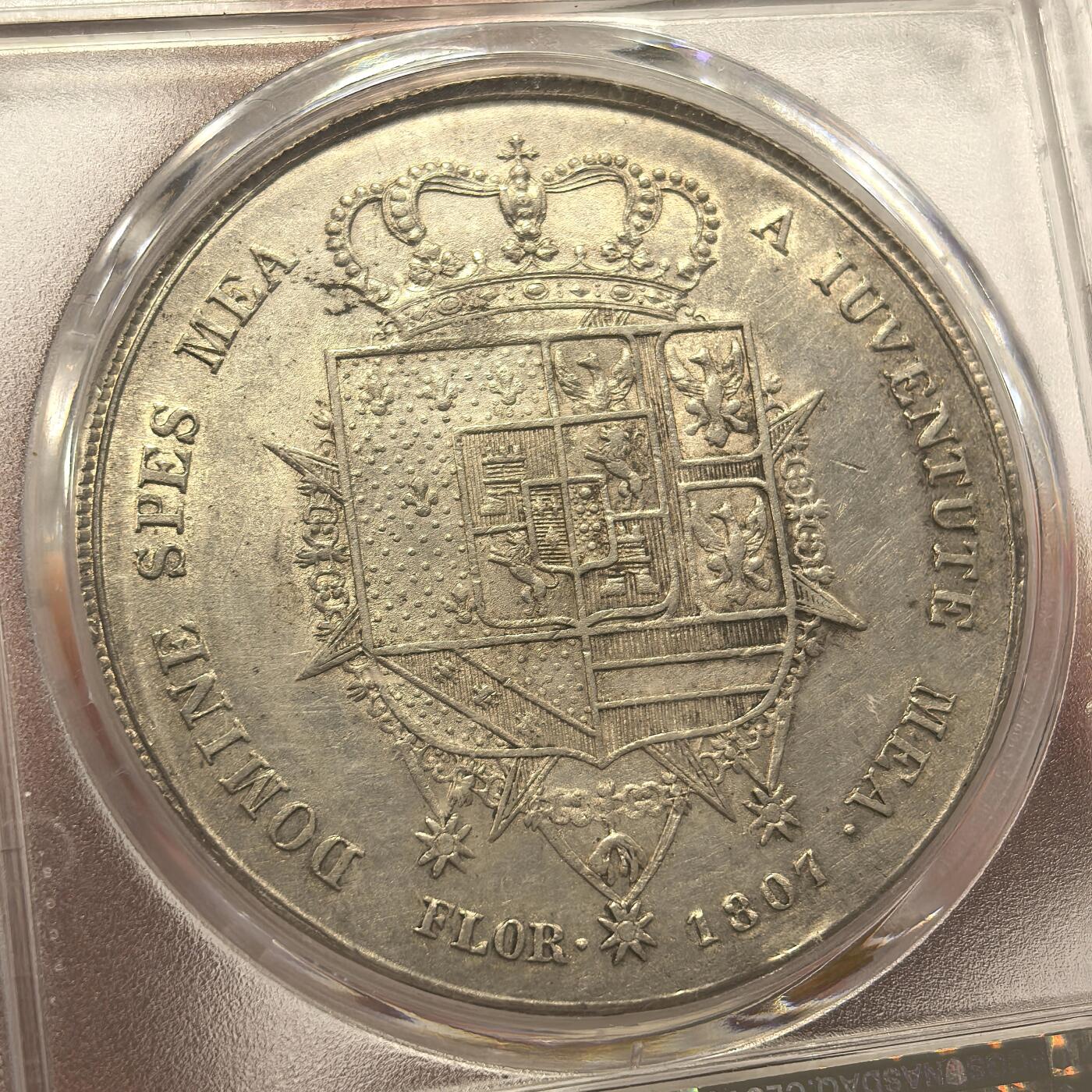 博洋堂世界钱币拍卖第143期（全场包邮） PCGS AU 意大利托斯卡纳1807年玛利亚路易莎母子10里拉大银币，状态一流